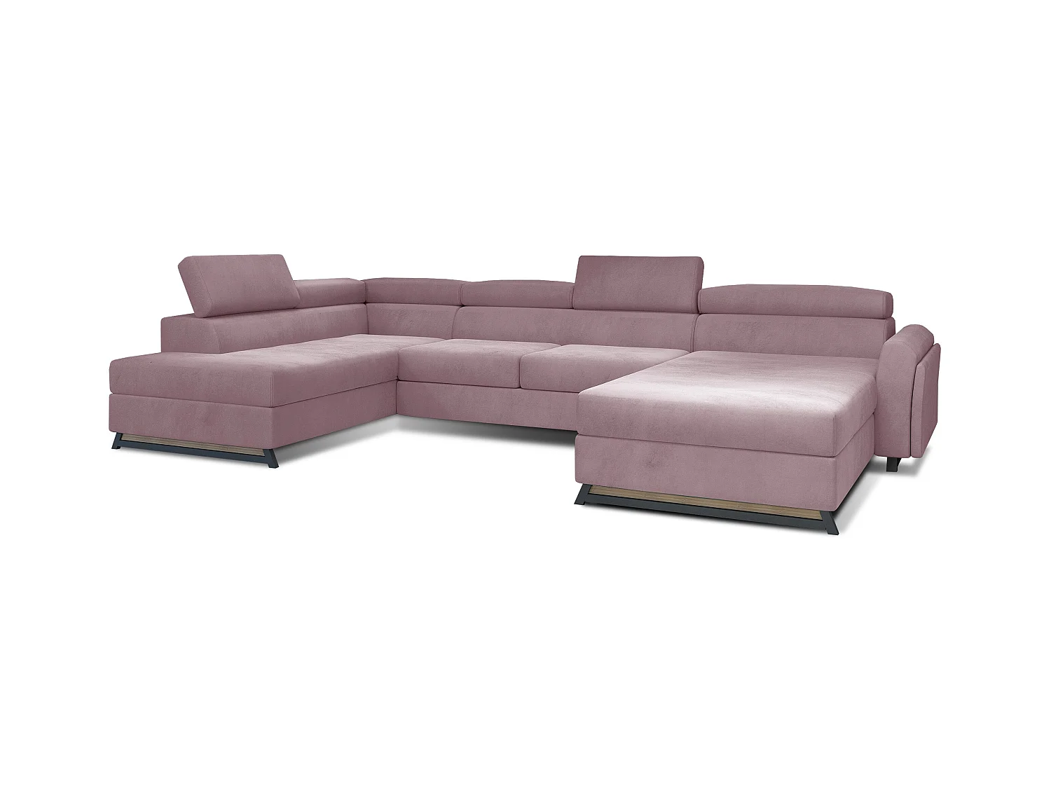 Grote panoramische slaapbank in roze fluweel met Konba-kist 370 cm-Opslagruimte naar rechts