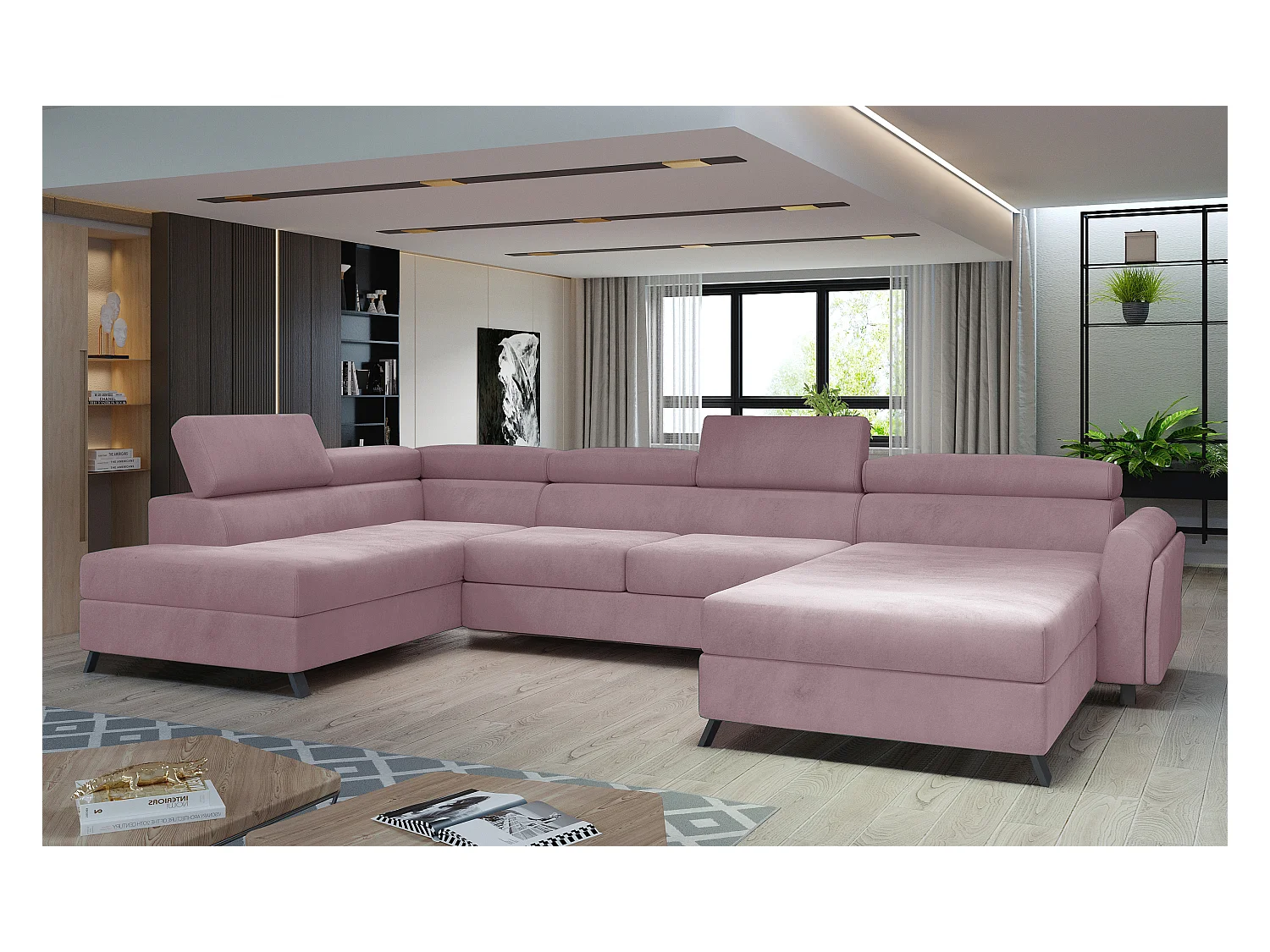 Grote panoramische slaapbank in roze fluweel met Konba-kist 370 cm-Opslagruimte naar rechts