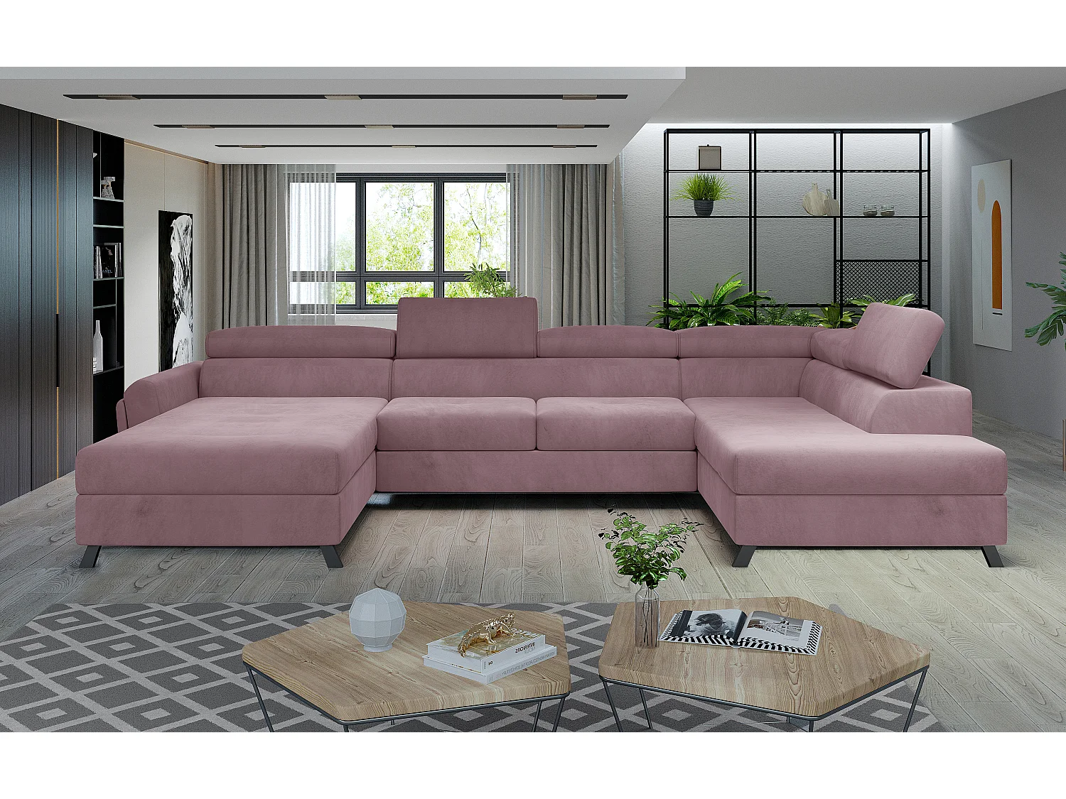 Grand canapé panoramique convertible velours rose avec coffre Konba 370cm-Coffre de rangement à droite