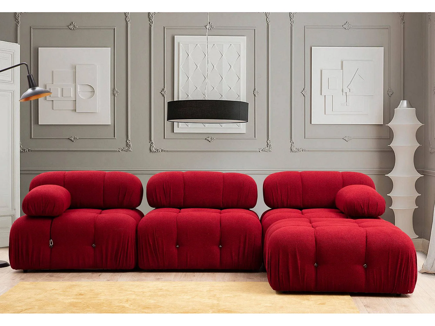 Canapé d'angle modulable velours Bubble-Couleur Rouge cerise