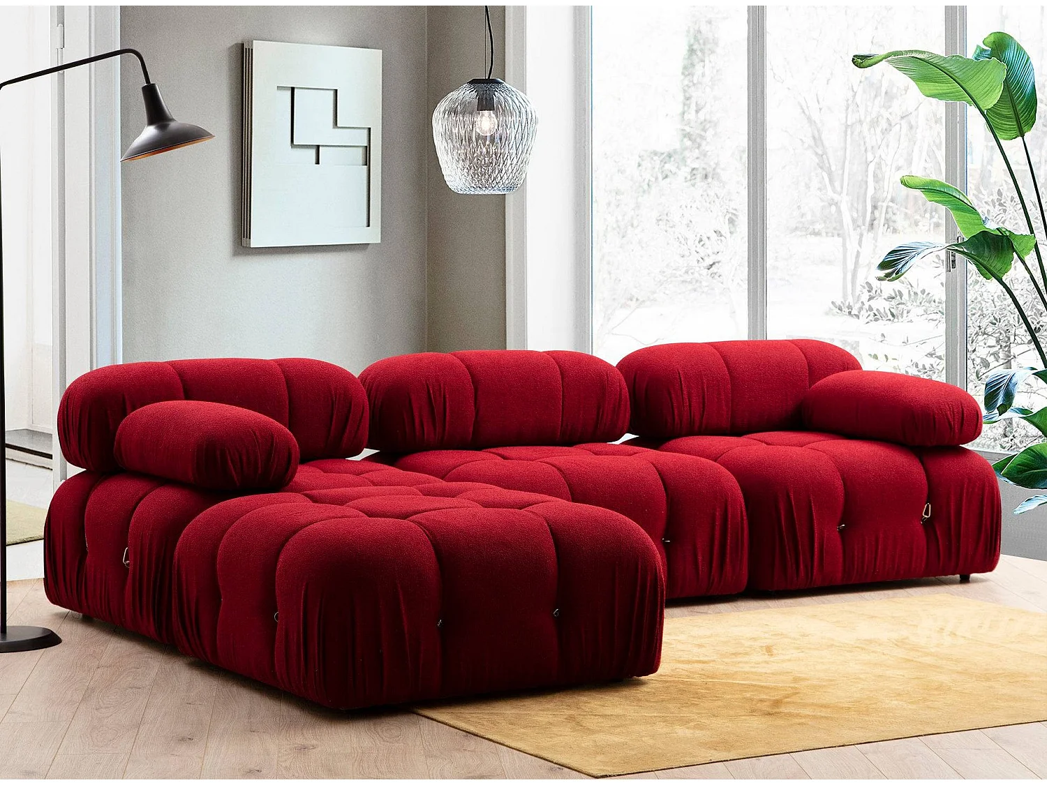 Canapé d'angle modulable velours Bubble-Couleur Rouge cerise