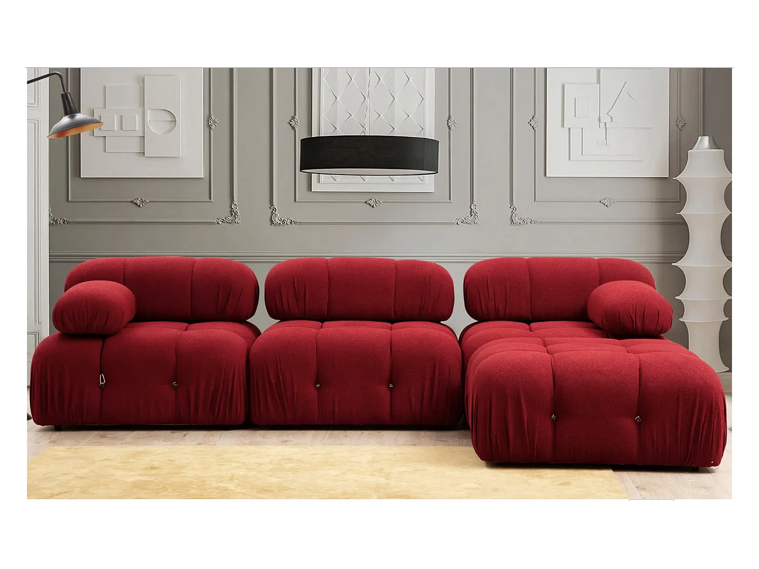 Canapé d'angle modulable velours Bubble-Couleur Rouge cerise