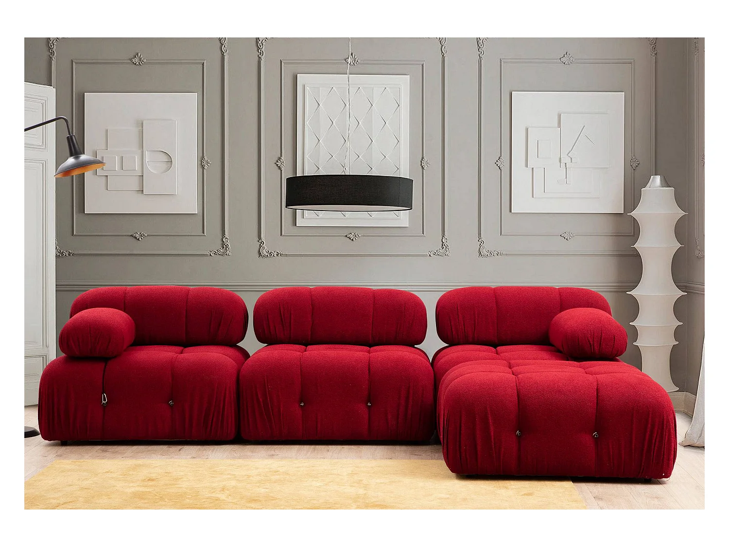 Canapé d'angle modulable velours Bubble-Couleur Rouge cerise