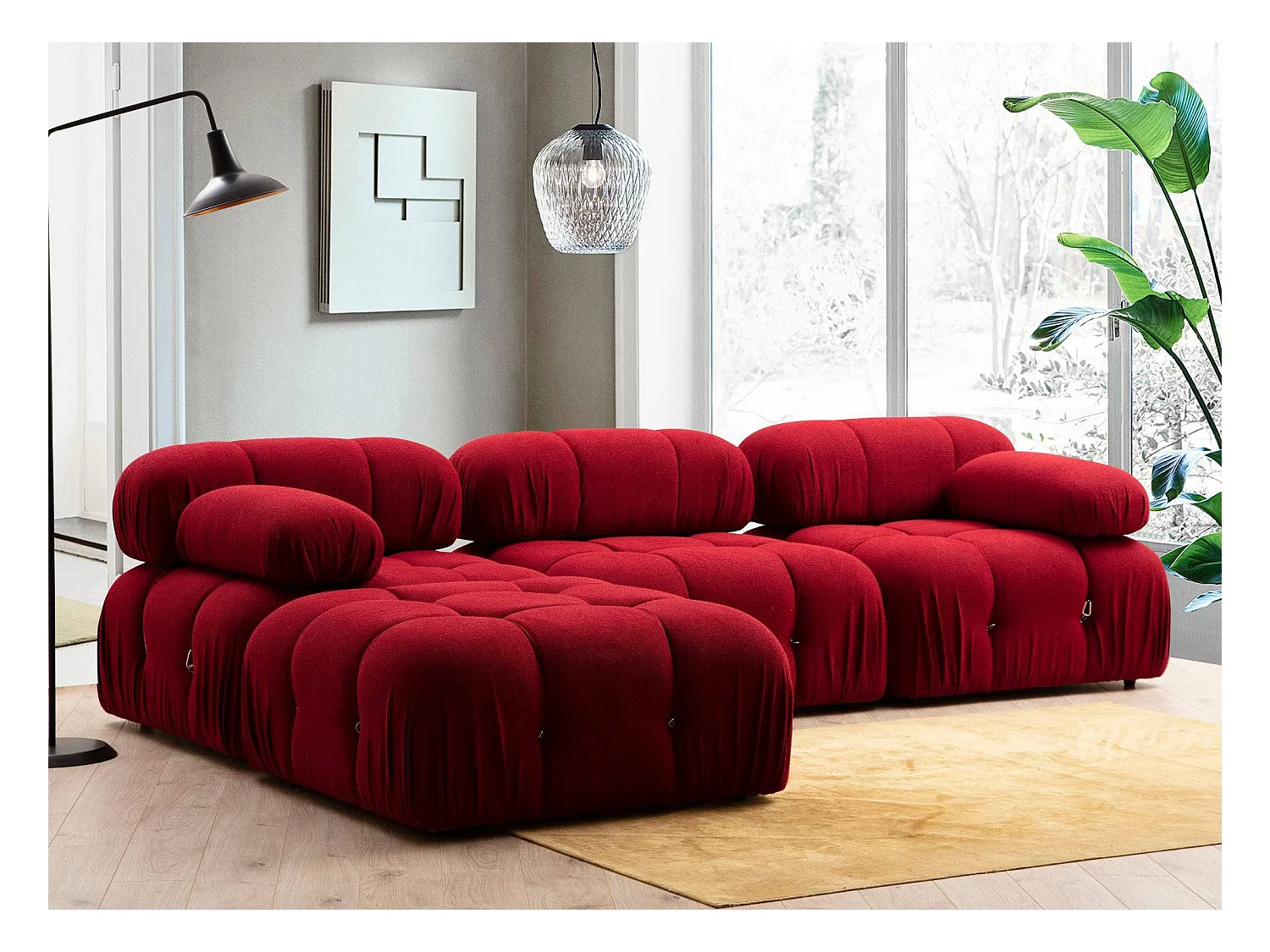Canapé d'angle modulable velours Bubble-Couleur Rouge cerise