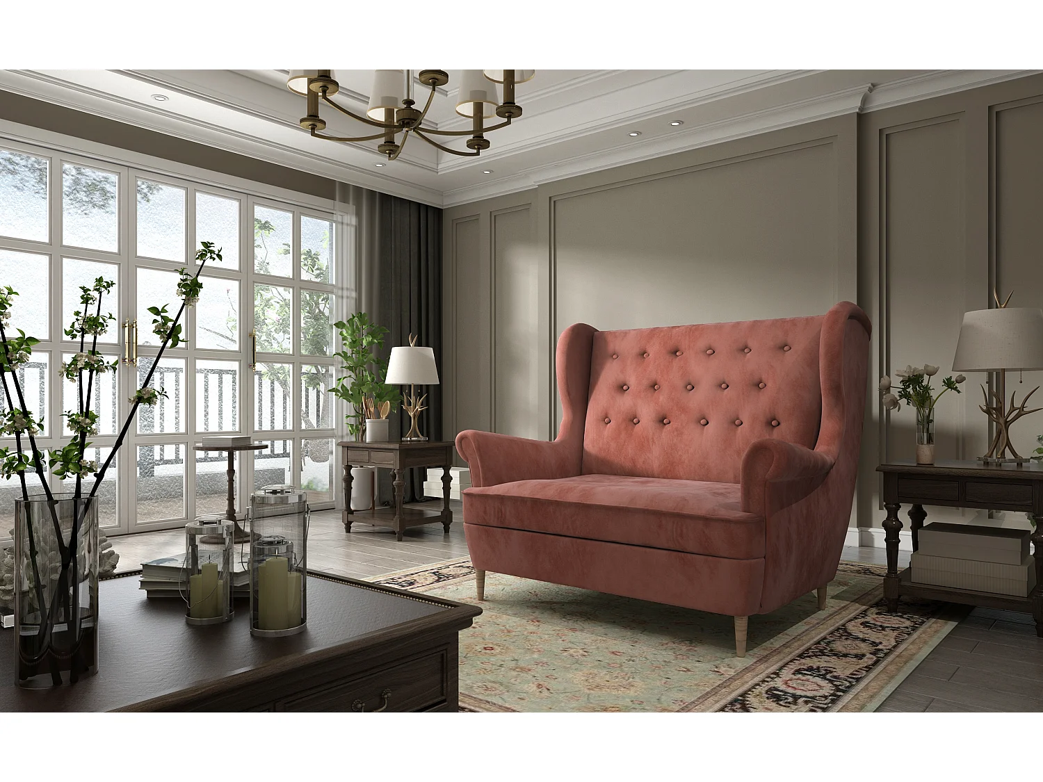 Canapé 2 places velours abricot capitonné Lizzi 150cm