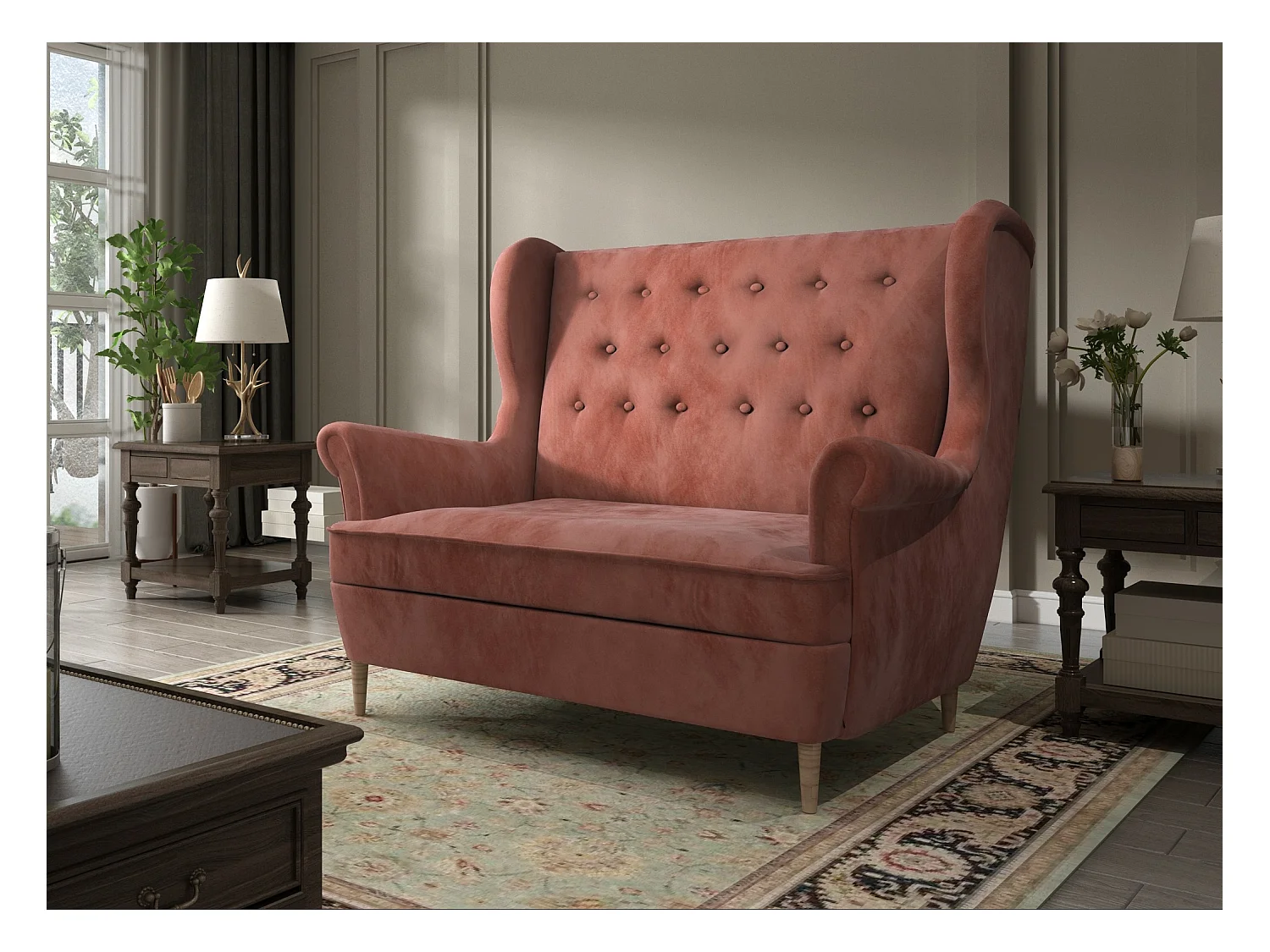 Canapé 2 places velours abricot capitonné Lizzi 150cm