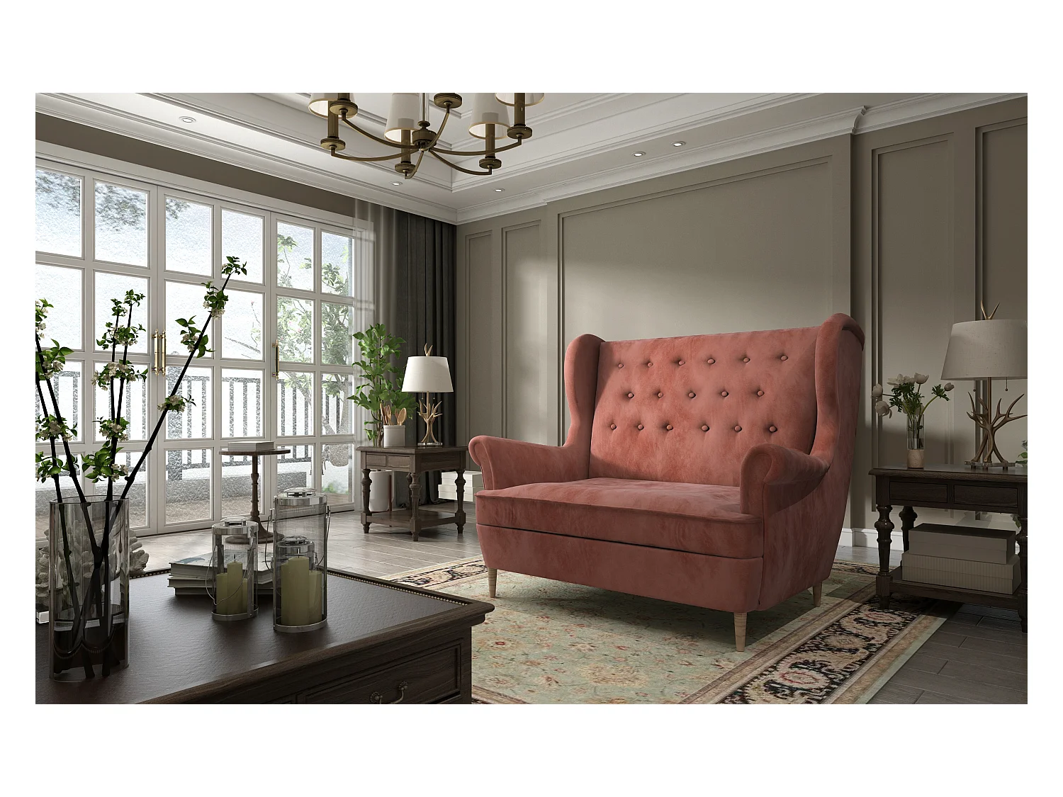 Canapé 2 places velours abricot capitonné Lizzi 150cm