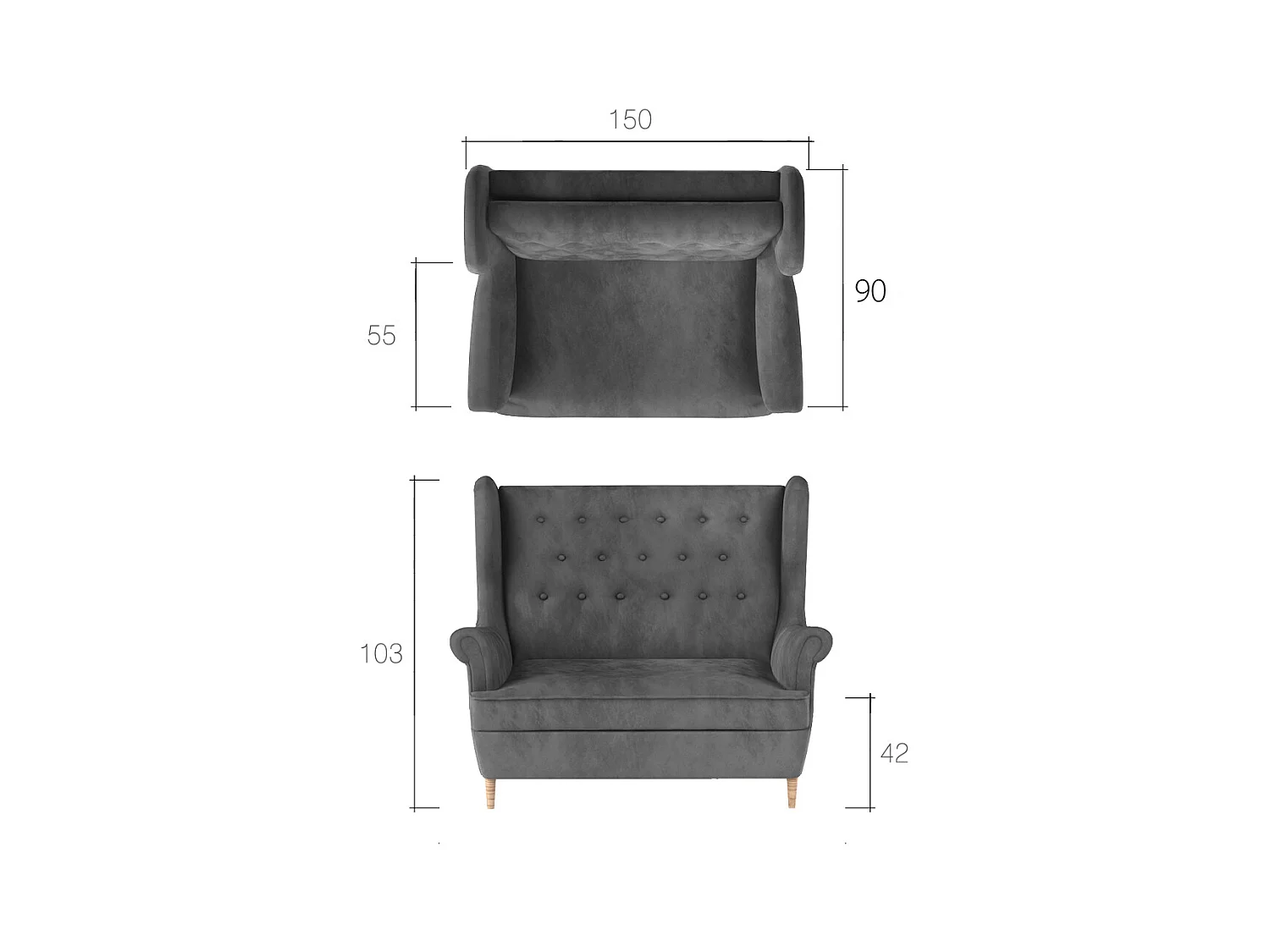 Canapé 2 places velours abricot capitonné Lizzi 150cm