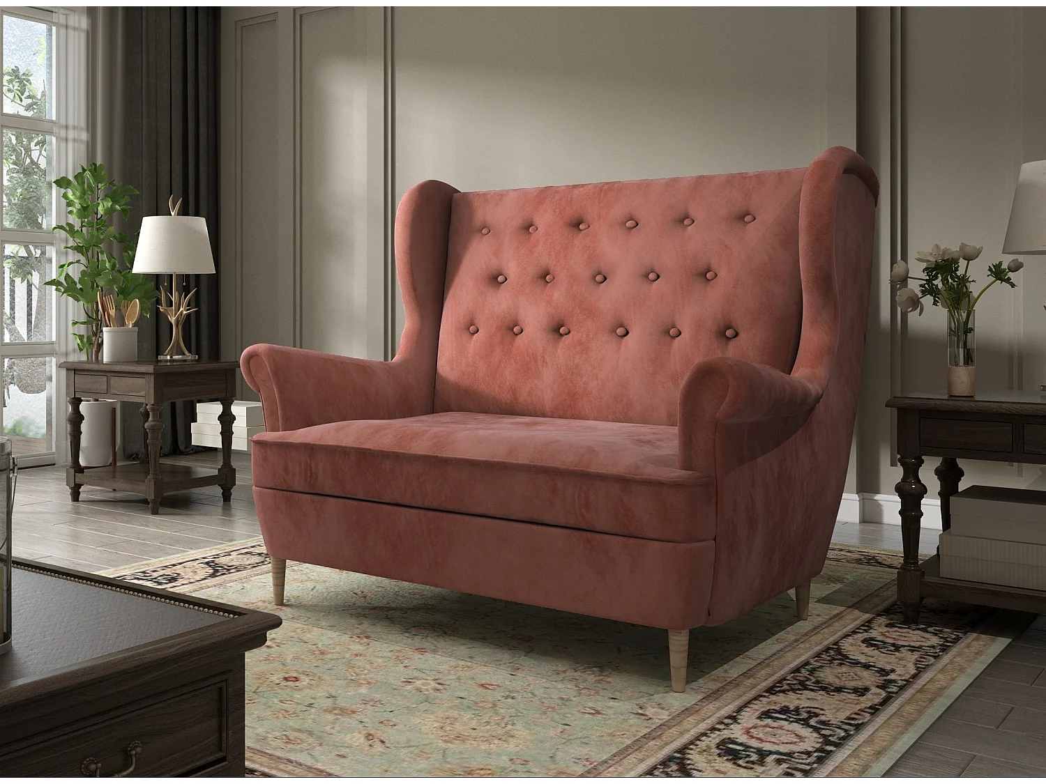 Canapé 2 places velours abricot capitonné Lizzi 150cm