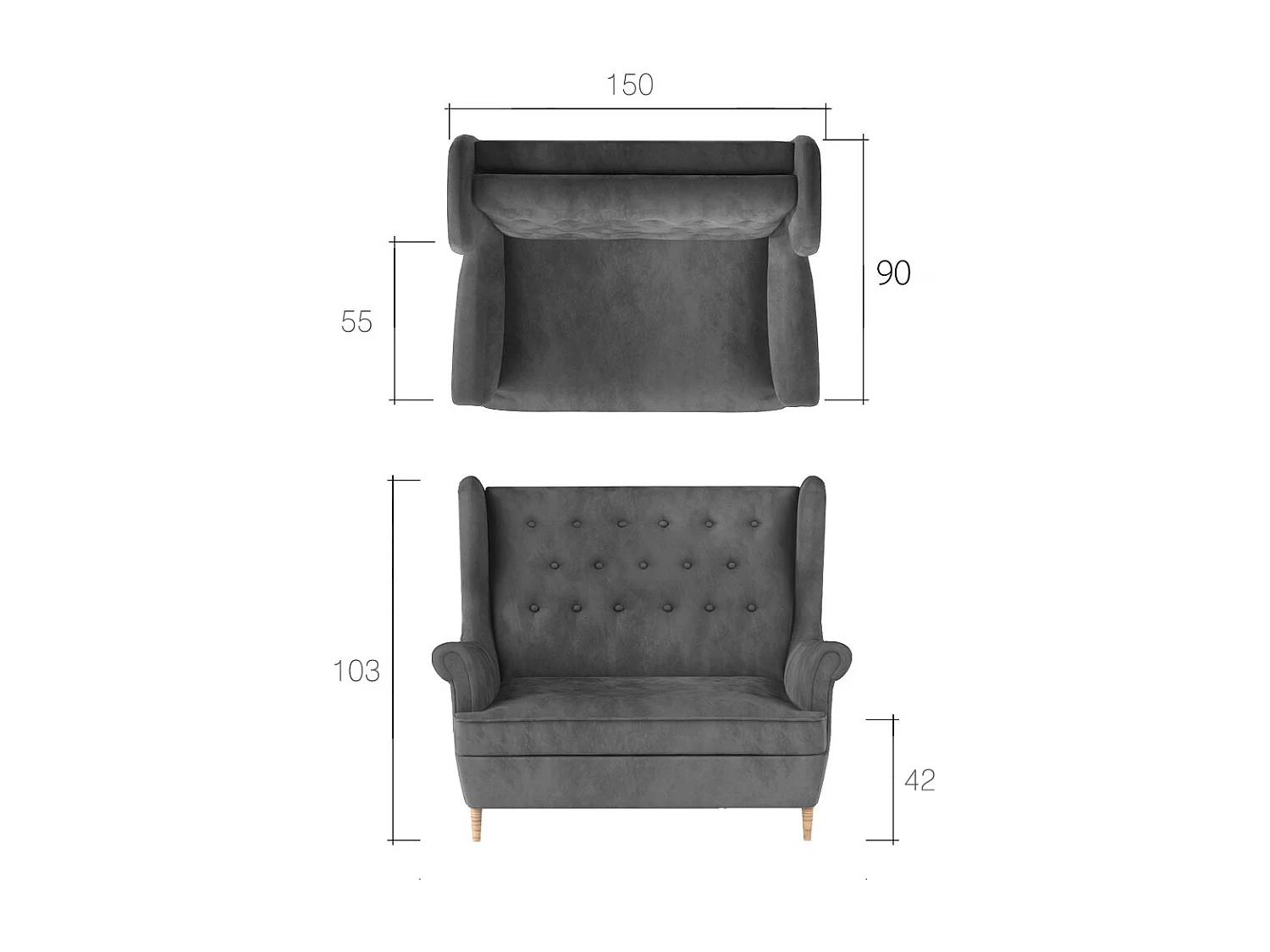 Canapé 2 places velours abricot capitonné Lizzi 150cm