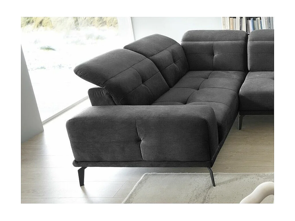 Canapé panoramique design tissu anthracite têtières angle gauche avec accoudoir Stan 350cm