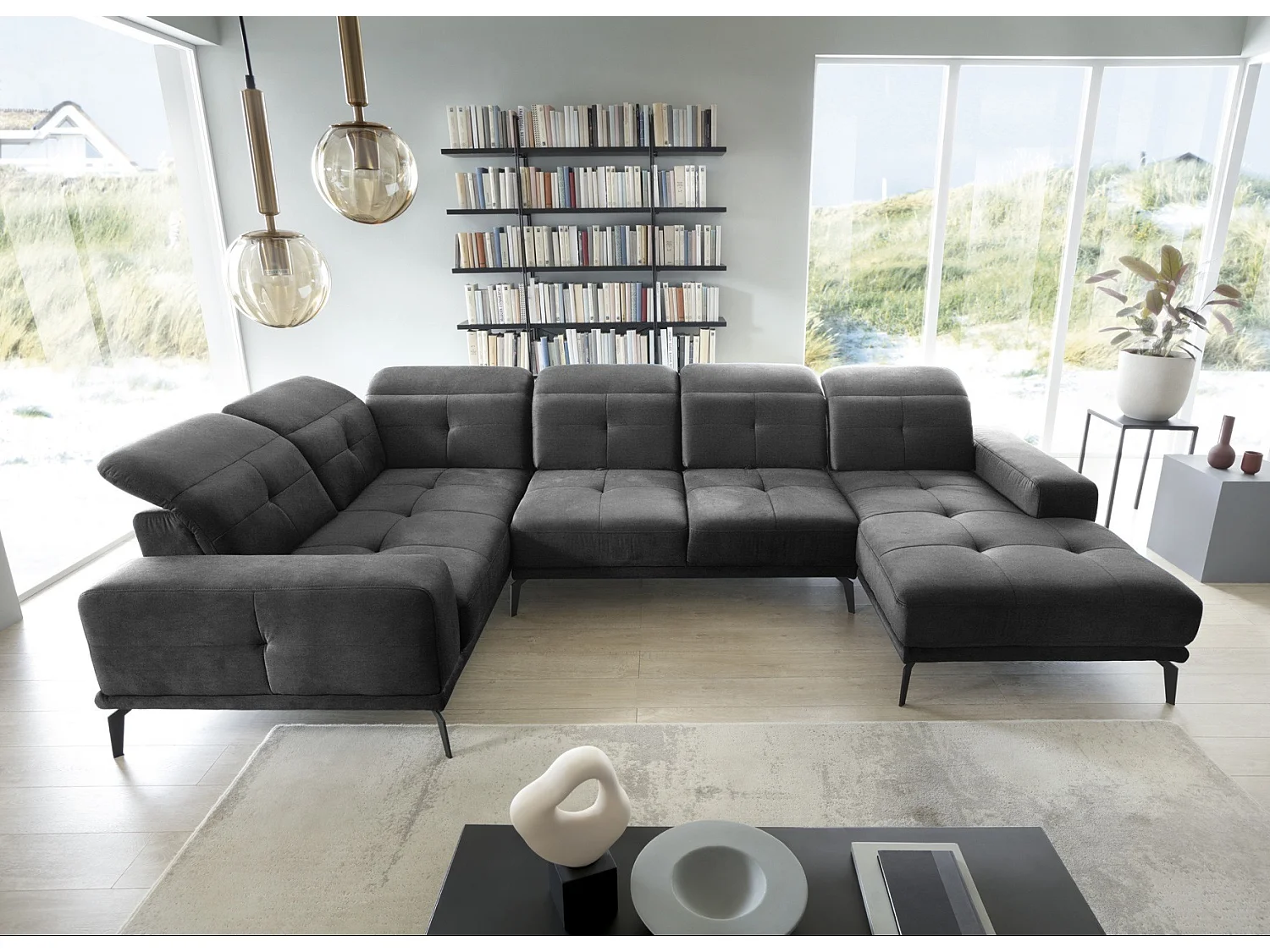 Canapé panoramique design tissu anthracite têtières angle gauche avec accoudoir Stan 350cm