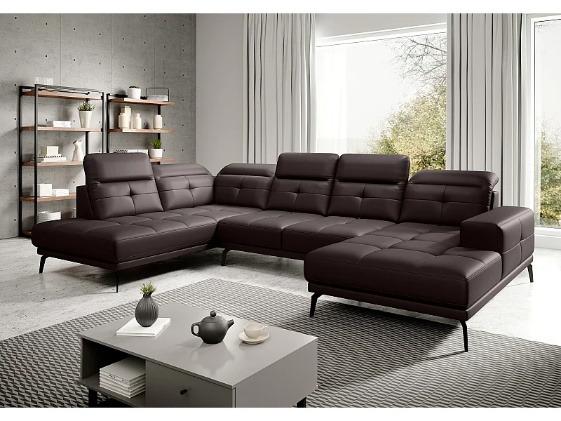 Canapé panoramique moderne simili cuir marron angle gauche Versus 350cm