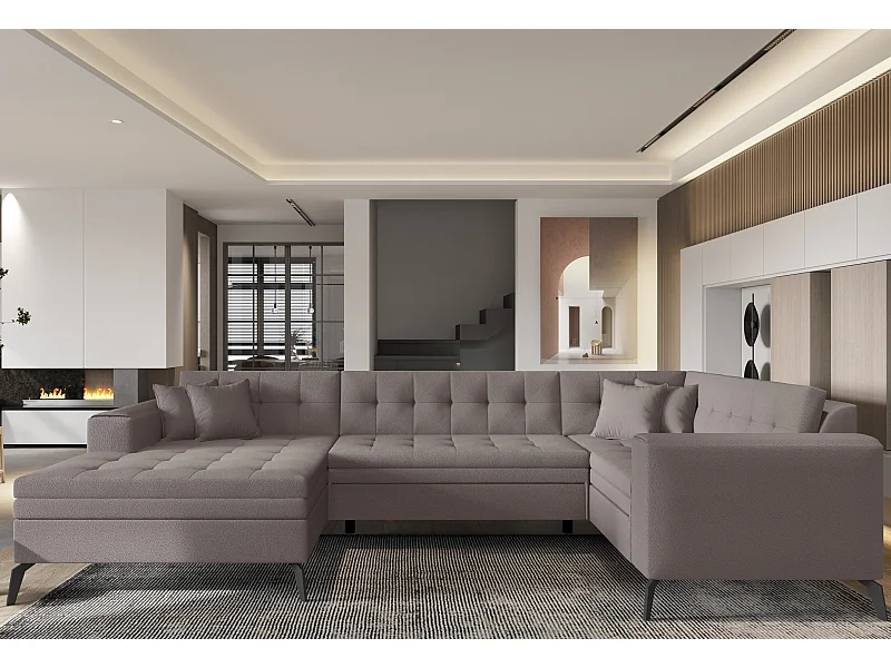 Panoramische slaapbank links lichtbruine stof gewatteerd Bonty 340 cm