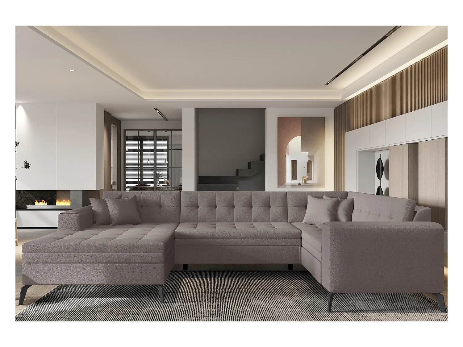 Canapé panoramique convertible gauche tissu marron clair matelassé Bonty 340cm