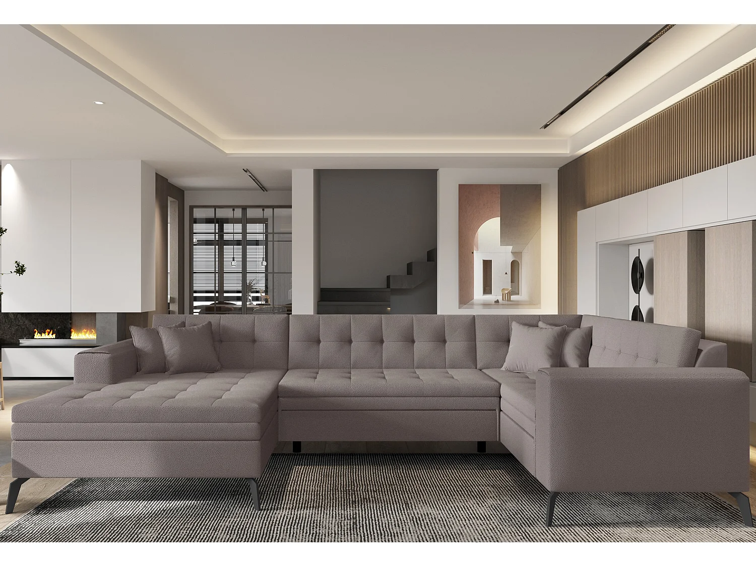 Canapé panoramique convertible gauche tissu marron clair matelassé Bonty 340cm