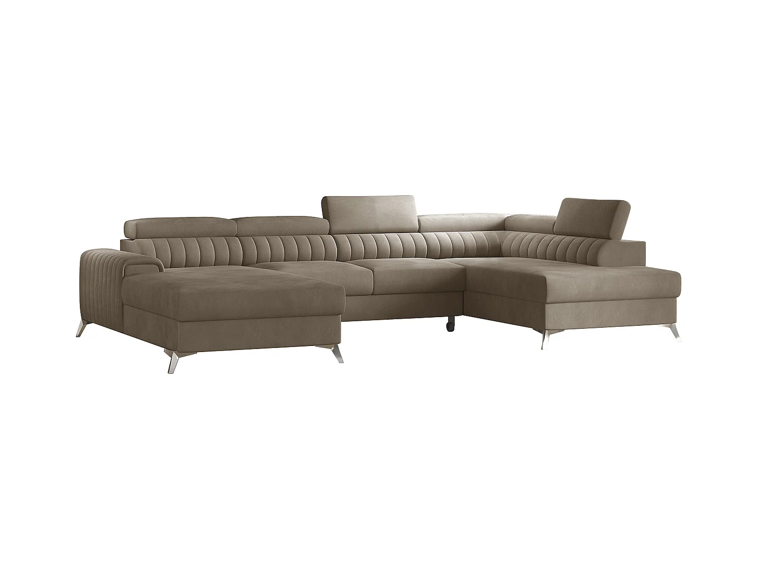 Canapé d'angle U tissu doux brillant beige coffre de rangement à droite Kalante 347cm
