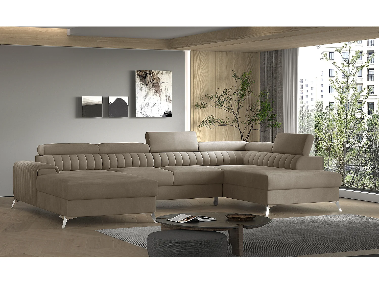 Canapé d'angle U tissu doux brillant beige coffre de rangement à droite Kalante 347cm