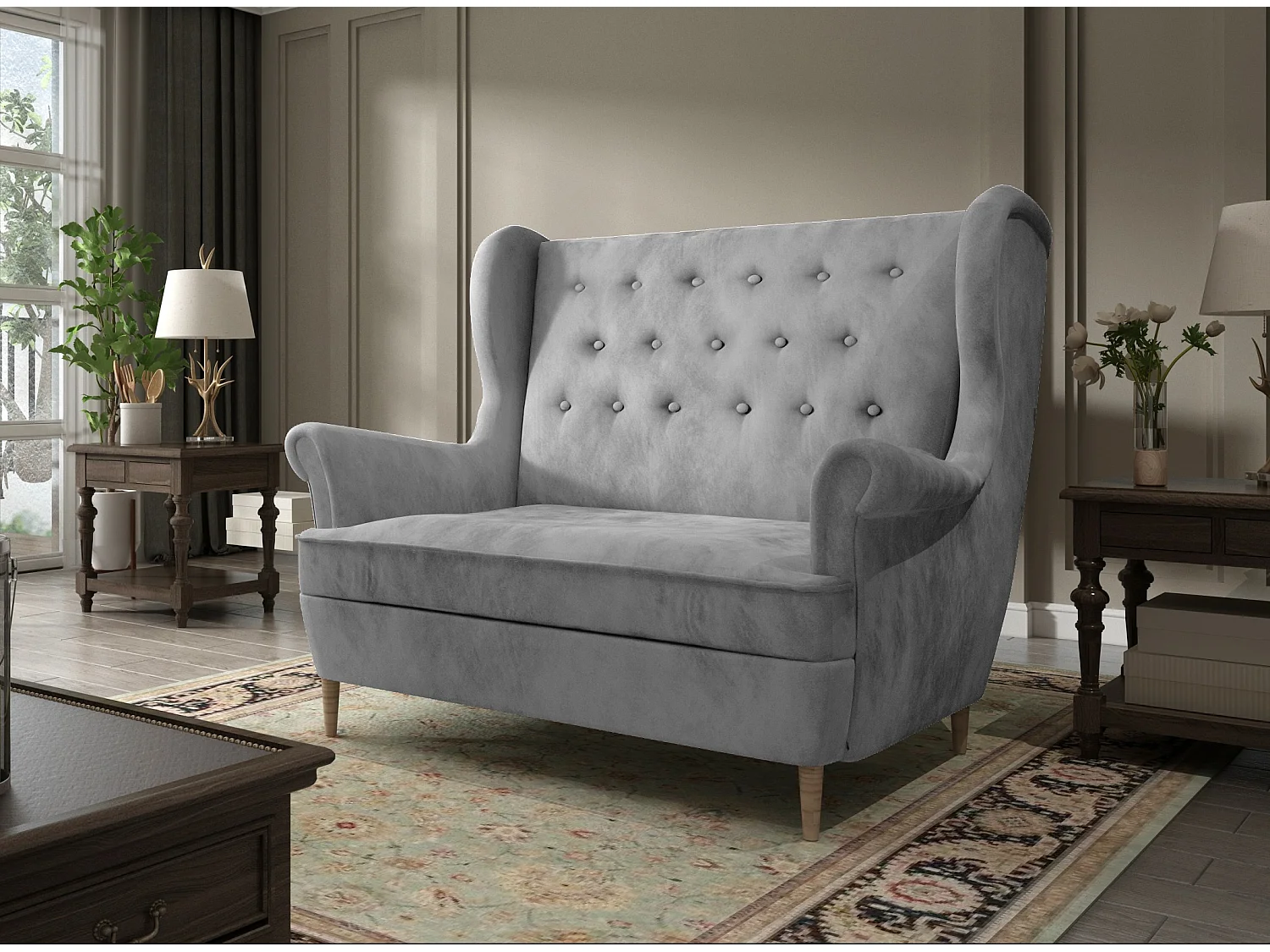 Canapé 2 places velours gris capitonné Lizzi 150cm