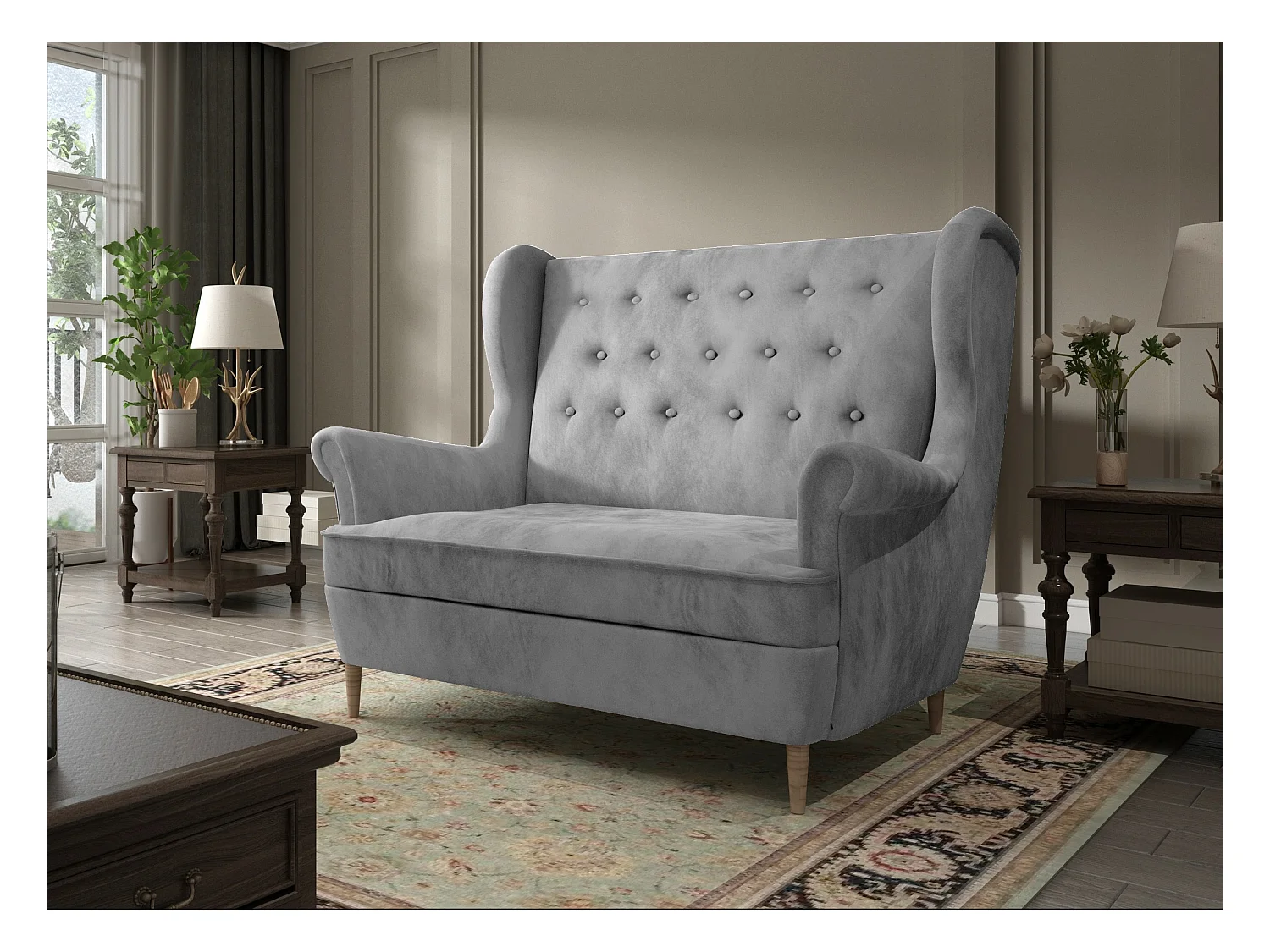 Canapé 2 places velours gris capitonné Lizzi 150cm