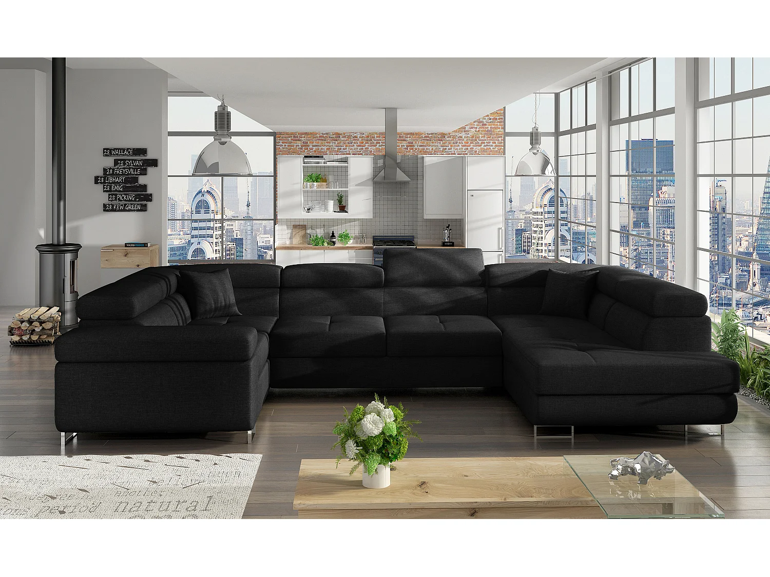 Canapé convertible U droit tissu noir avec coffre de rangement Tovy 340cm