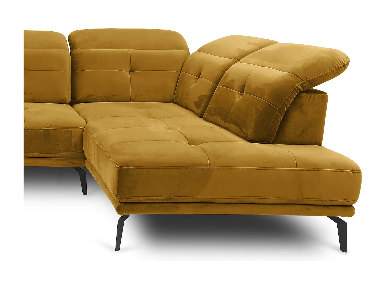 Canapé panoramique moderne velours jaune têtières angle droit Versus 350cm