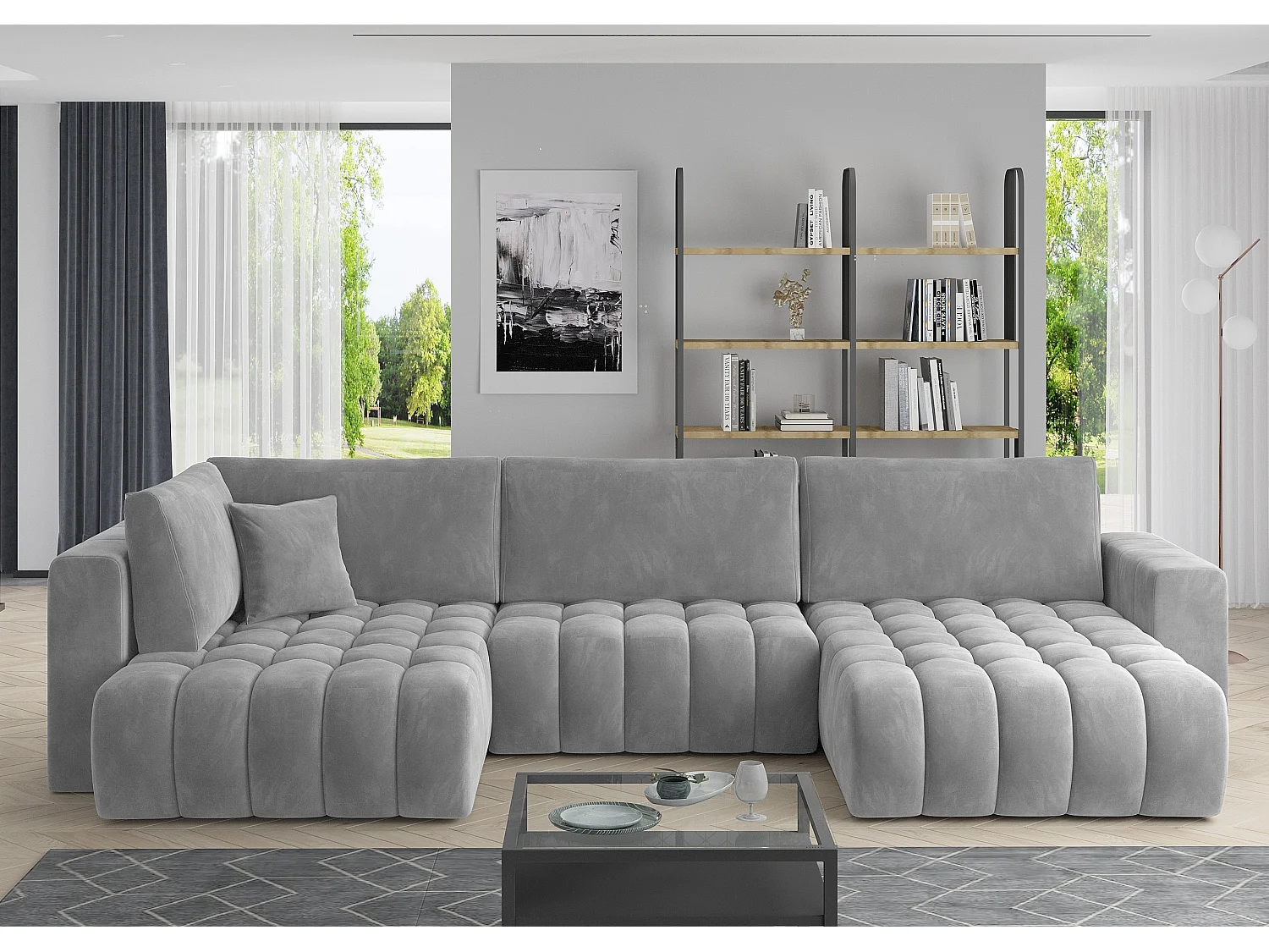 Canapé panoramique convertible design capitonné velours gris clair méridienne droite Boston 350cm