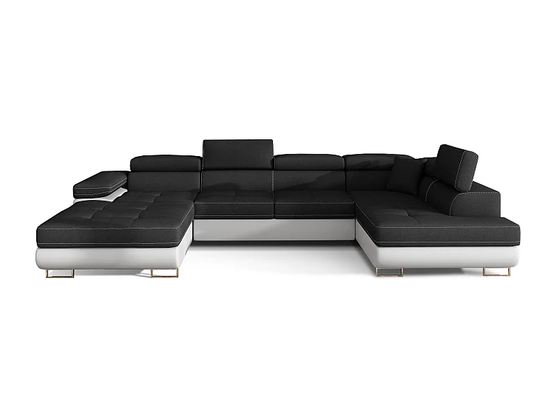 Canapé panoramique tissu noir et simili cuir blanc convertible avec coffre de rangement Romano 345cm-Coffre de rangement à droite