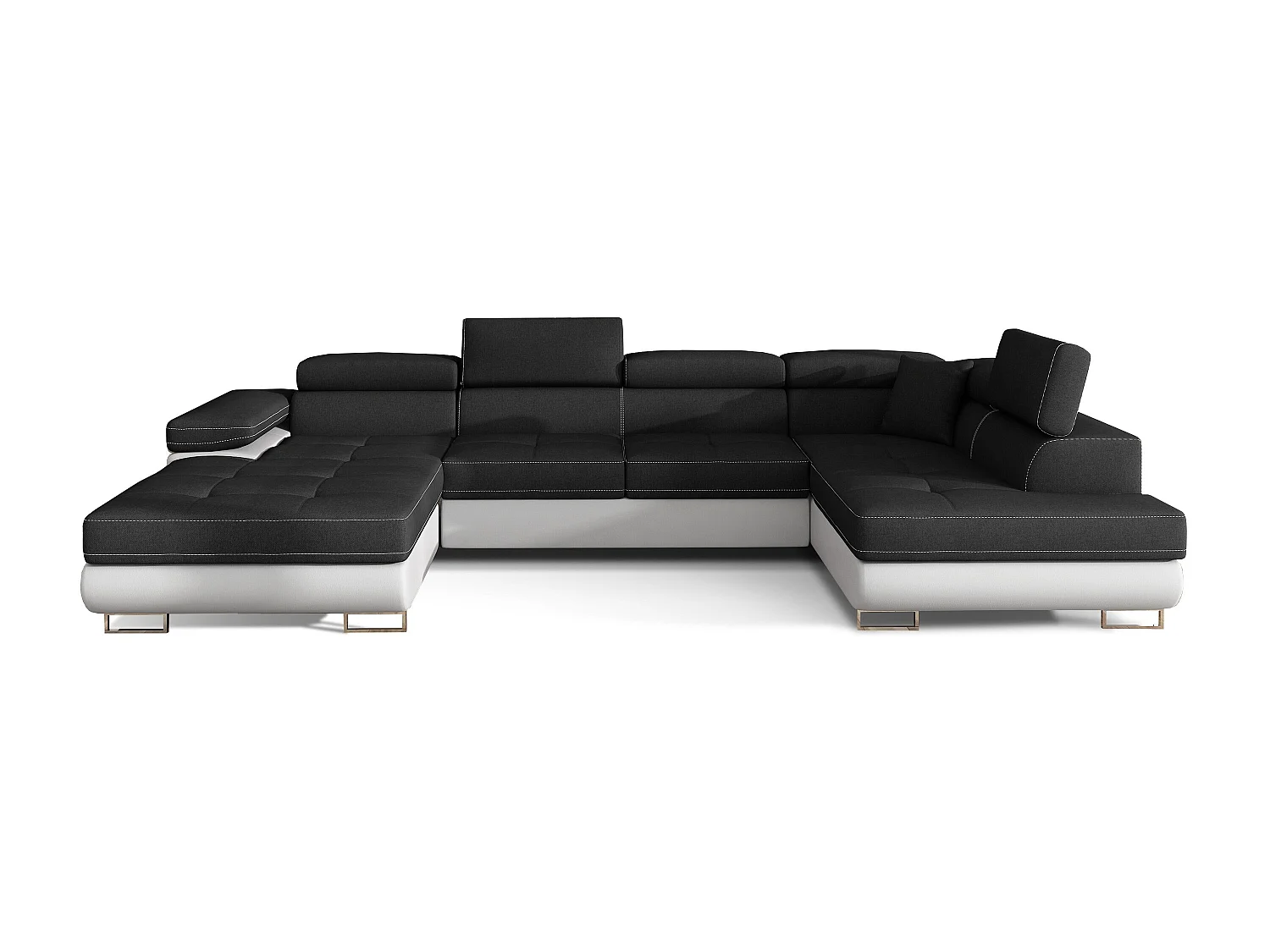 Canapé panoramique tissu noir et simili cuir blanc convertible avec coffre de rangement Romano 345cm-Coffre de rangement à droite
