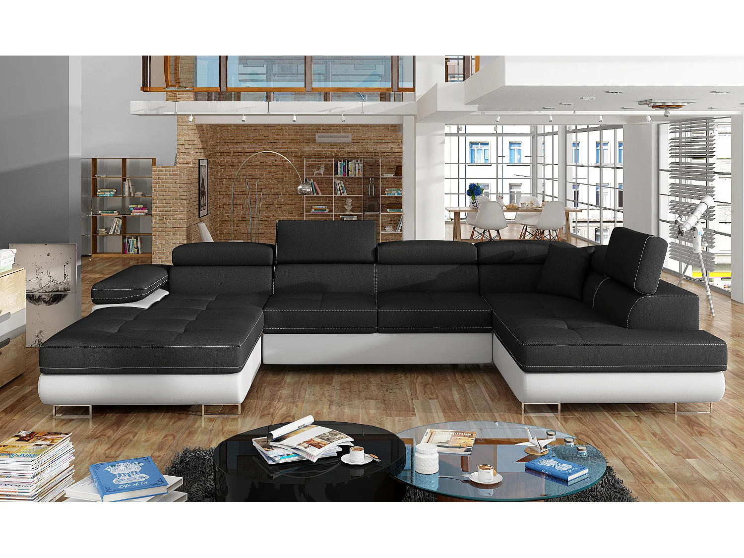 Canapé panoramique tissu noir et simili cuir blanc convertible avec coffre de rangement Romano 345cm-Coffre de rangement à droite