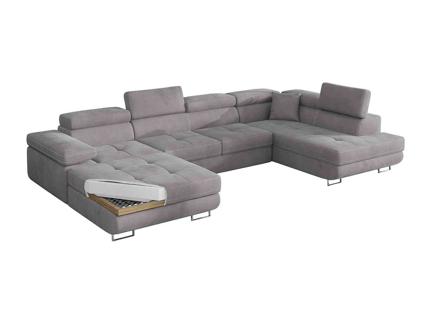 Canapé panoramique tissu noir et simili cuir blanc convertible avec coffre de rangement Romano 345cm-Coffre de rangement à droite