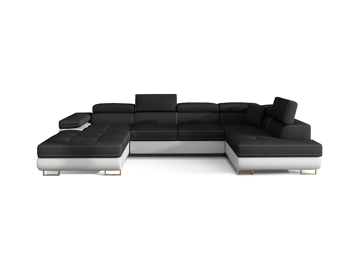 Canapé panoramique tissu noir et simili cuir blanc convertible avec coffre de rangement Romano 345cm-Coffre de rangement à droite