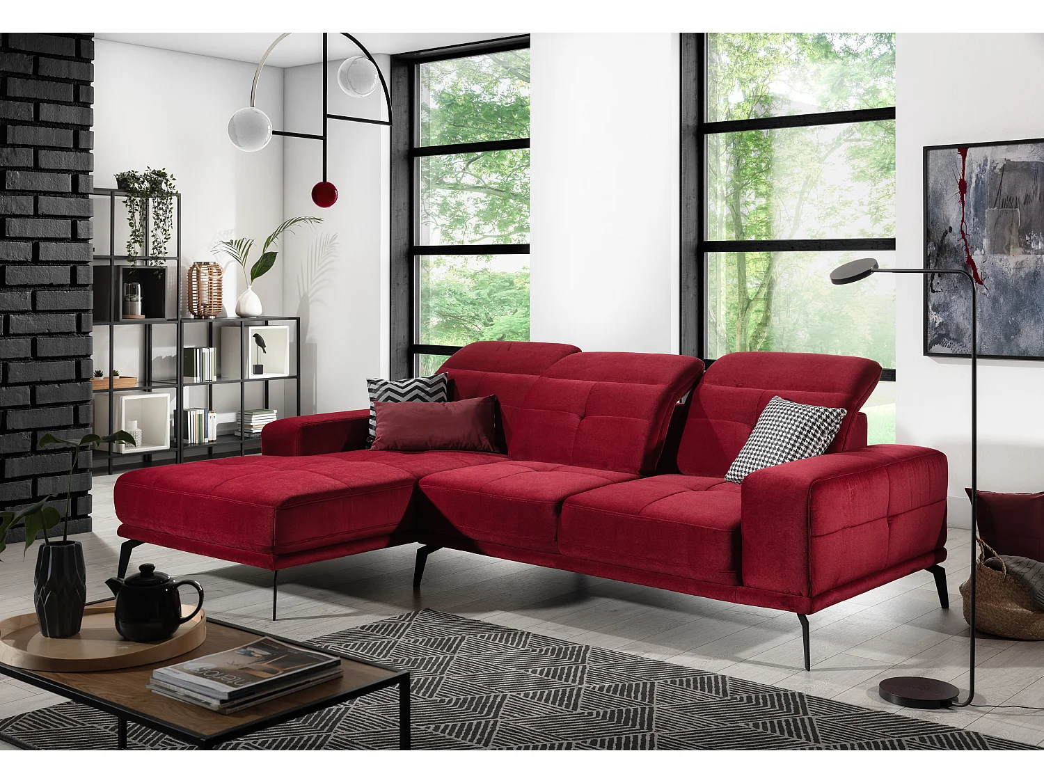 Linker hoekbank 5 zits rood fluweel Torpille 265 cm