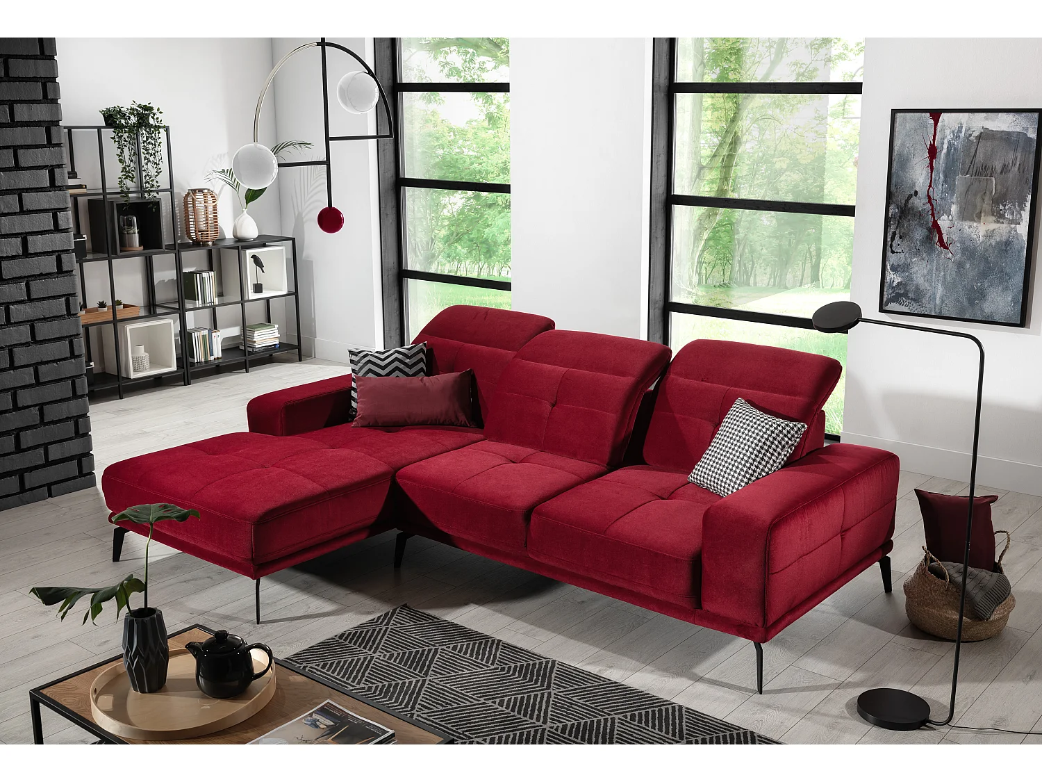 Canapé d'angle gauche 5 places velours rouge Torpille 265cm