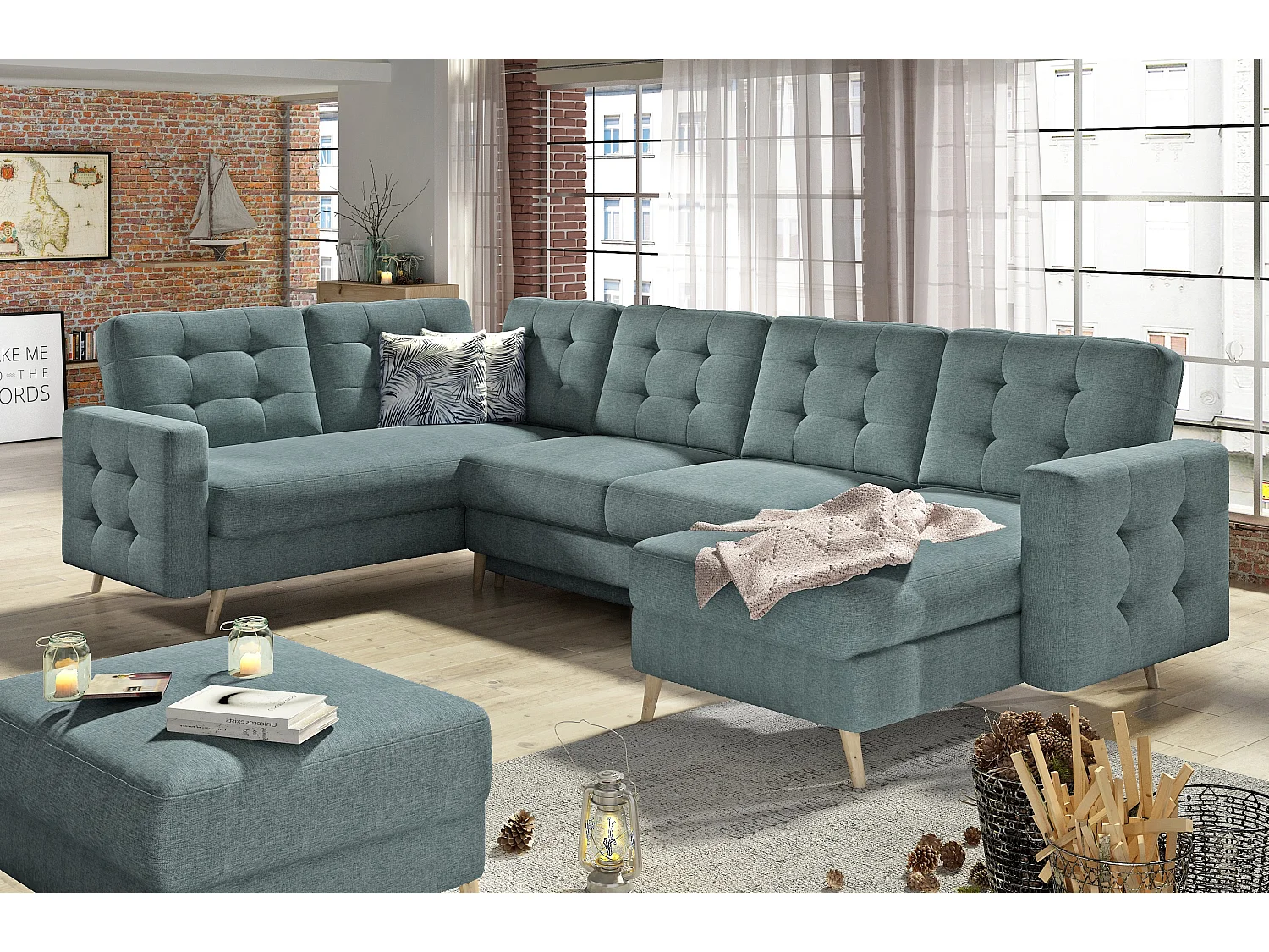 Canapé panoramique convertible tissu vert clair Anska 320cm