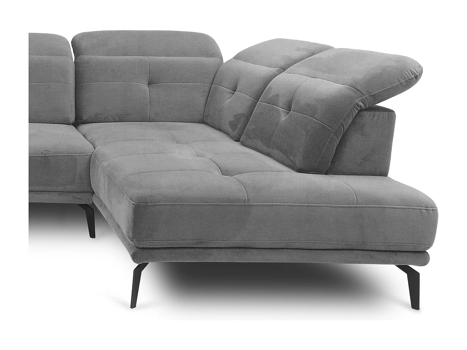 Canapé panoramique moderne velours gris têtières angle droit Versus 350cm