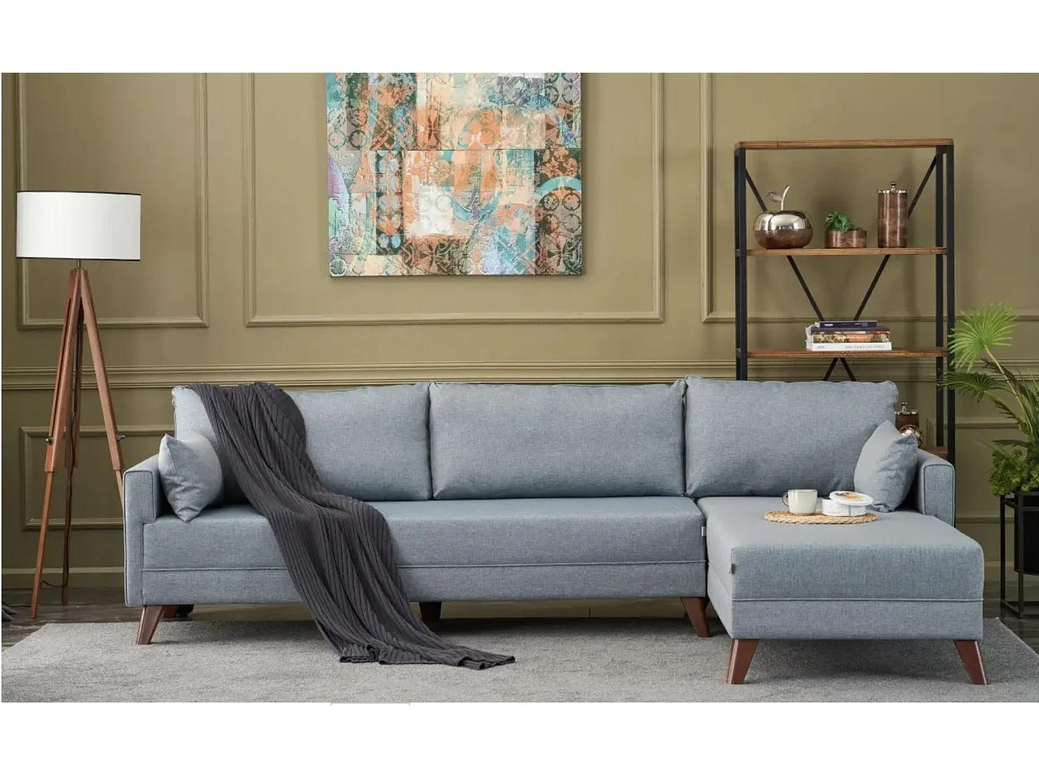 Canapé d'angle droit 5 places tissu bleu Kandy 275cm