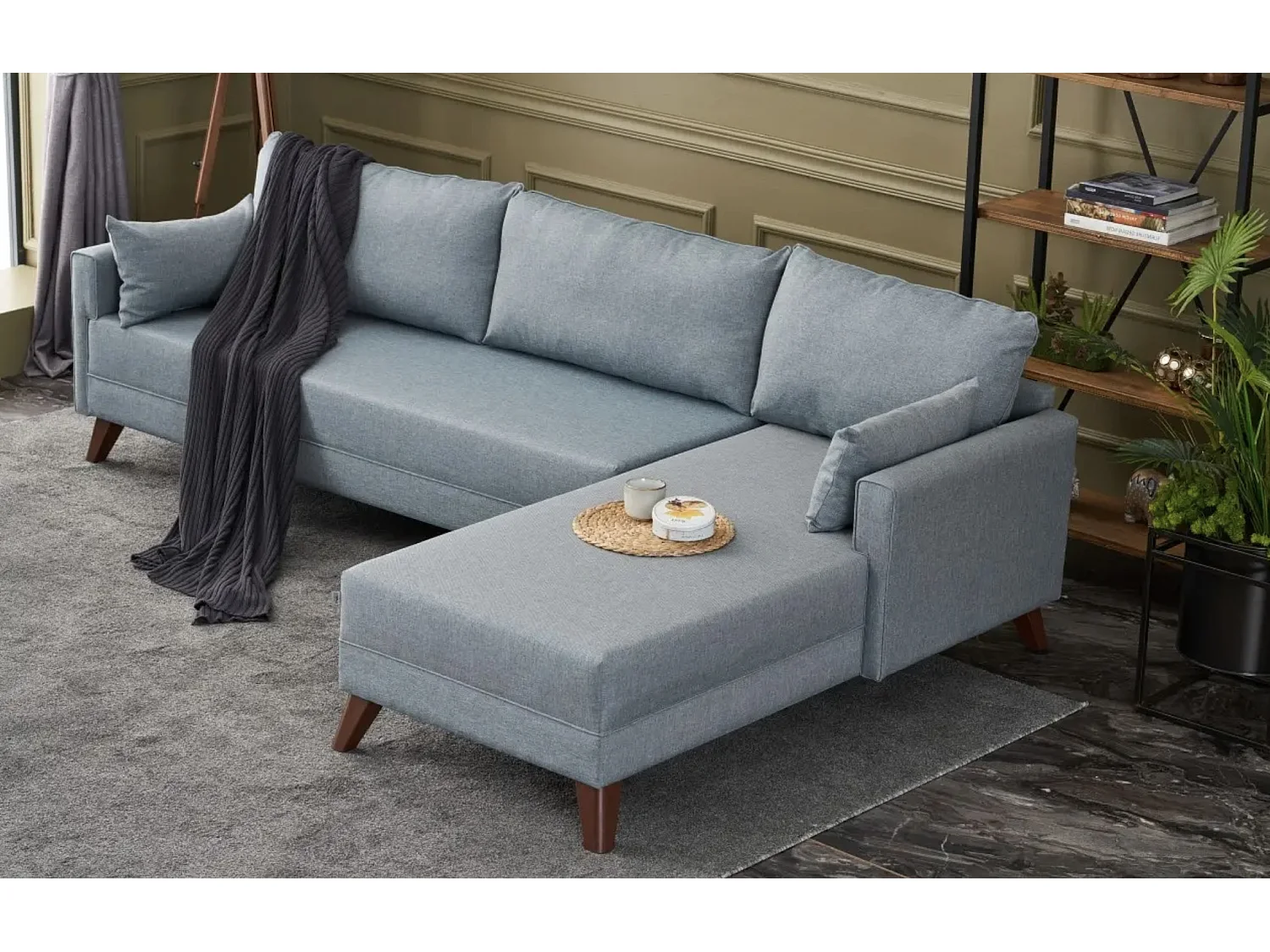 Canapé d'angle droit 5 places tissu bleu Kandy 275cm