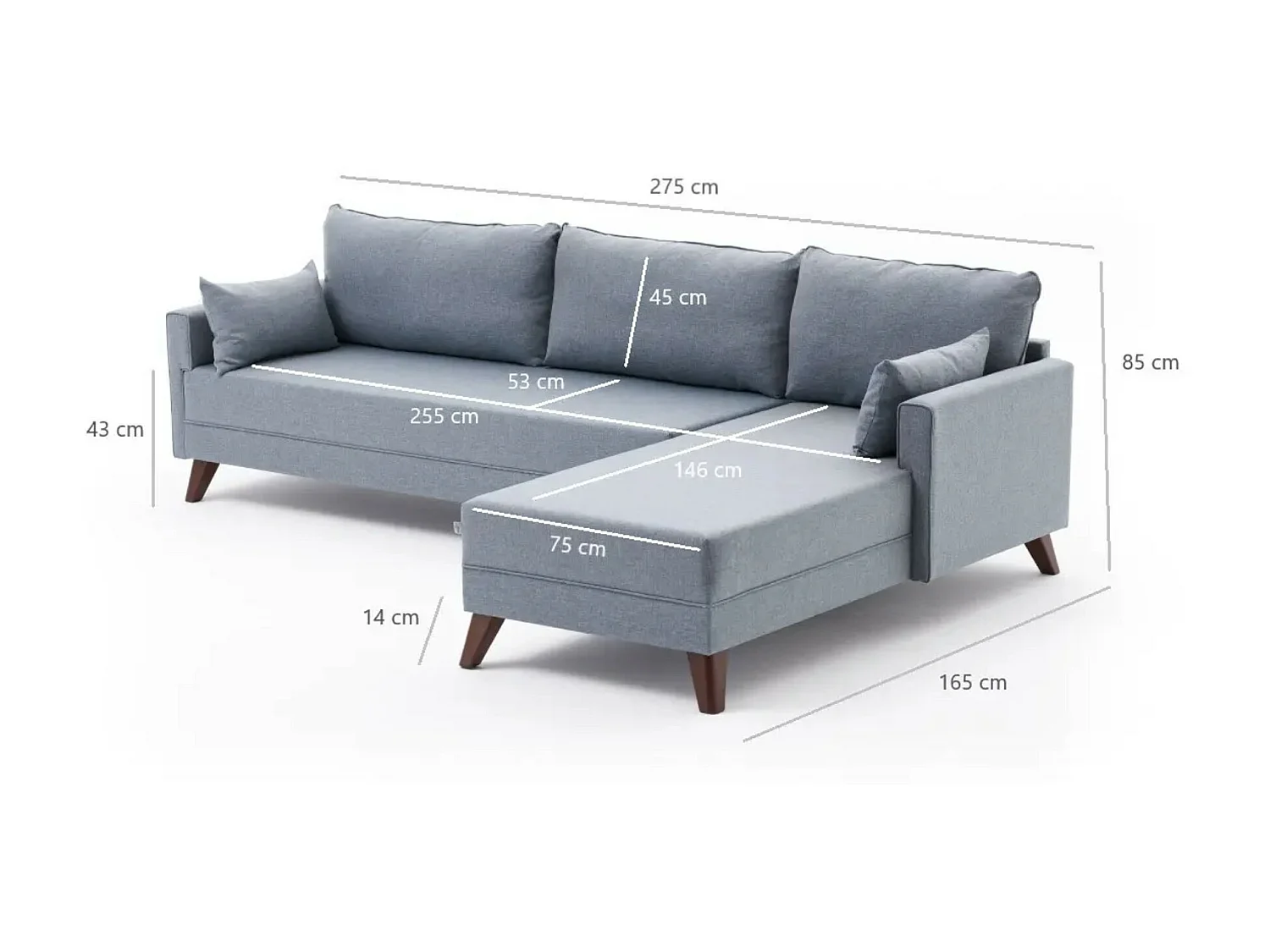 Canapé d'angle droit 5 places tissu bleu Kandy 275cm