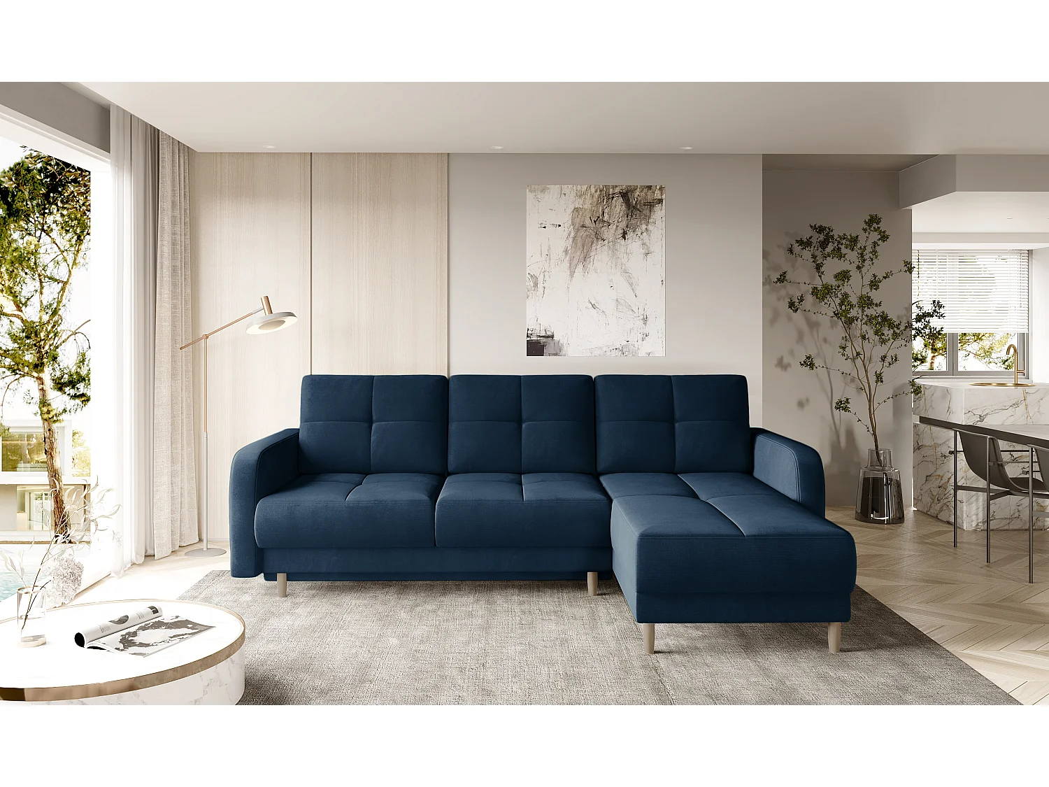 Sofá esquinero convertible y reversible de tela KINDO - Patas de madera clara-Color Azul oscuro