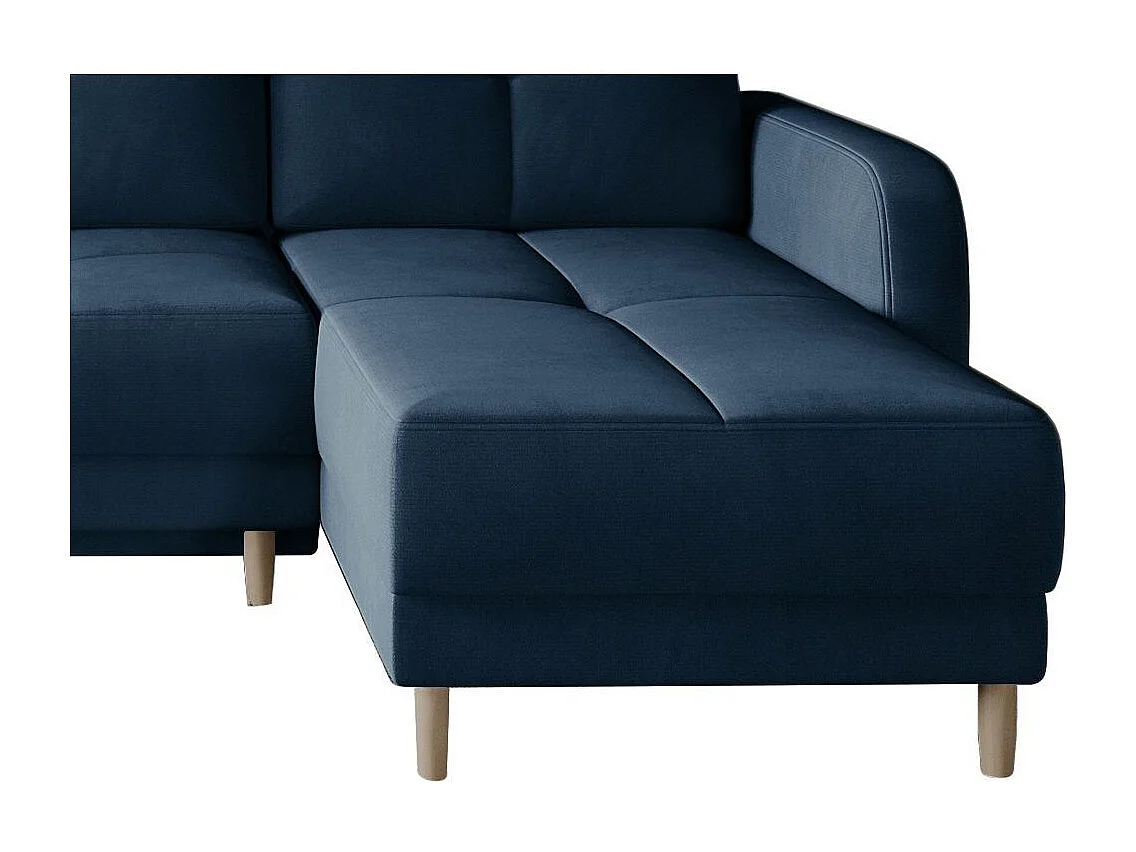 Sofá esquinero convertible y reversible de tela KINDO - Patas de madera clara-Color Azul oscuro
