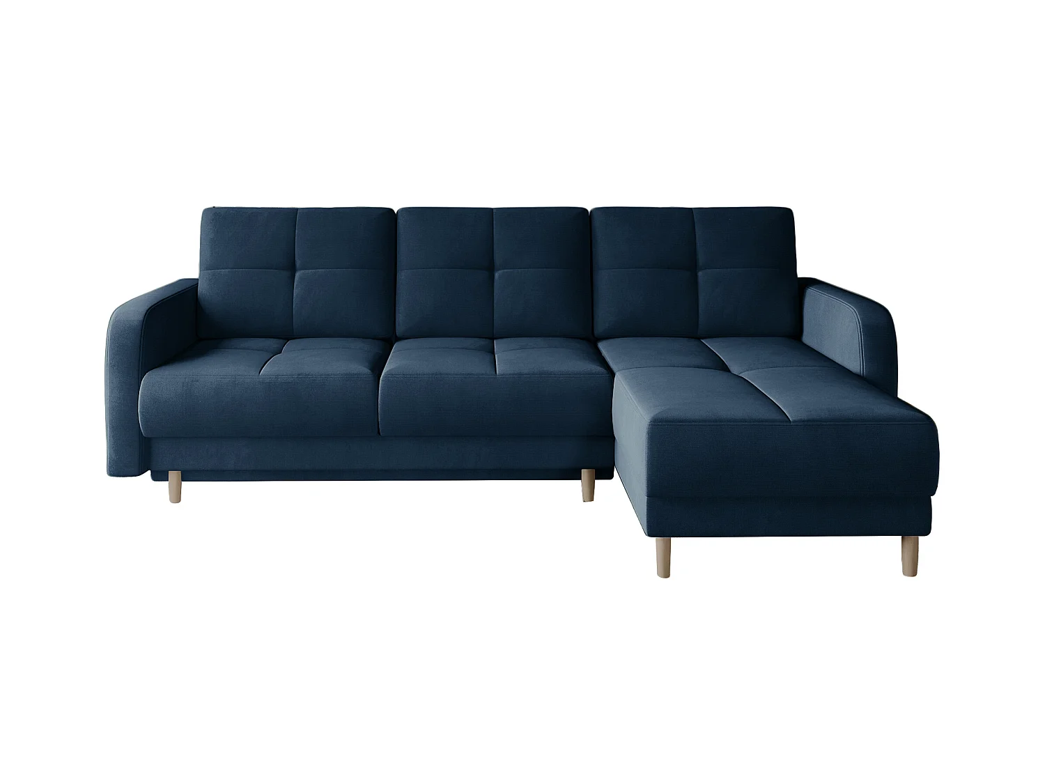 Scandinavische omkeerbare hoekbank in blauwe stof en lichthouten poten Kindo 240 cm