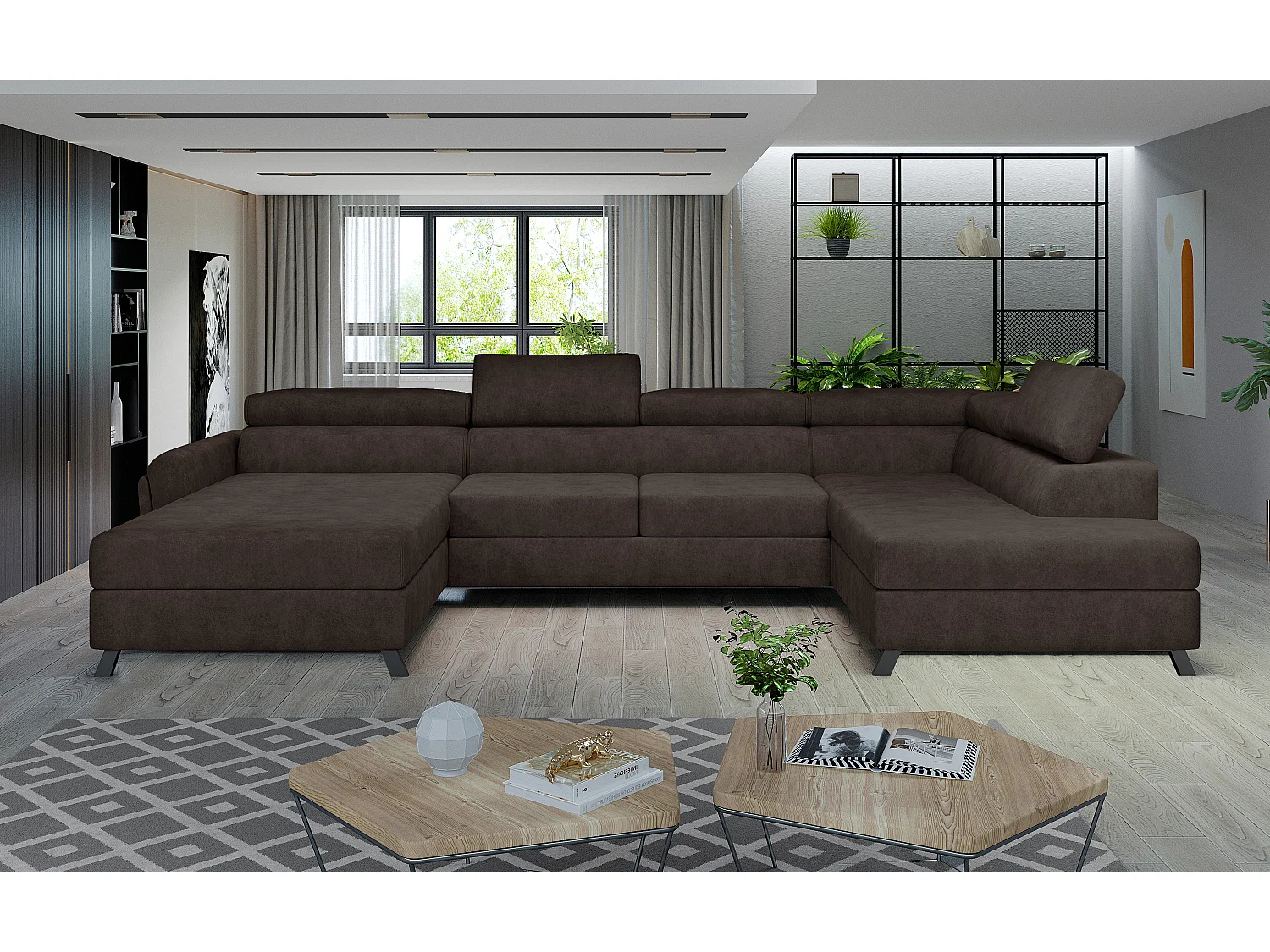 Grand canapé panoramique convertible tissu marron avec coffre Konba 370cm-Coffre de rangement à droite