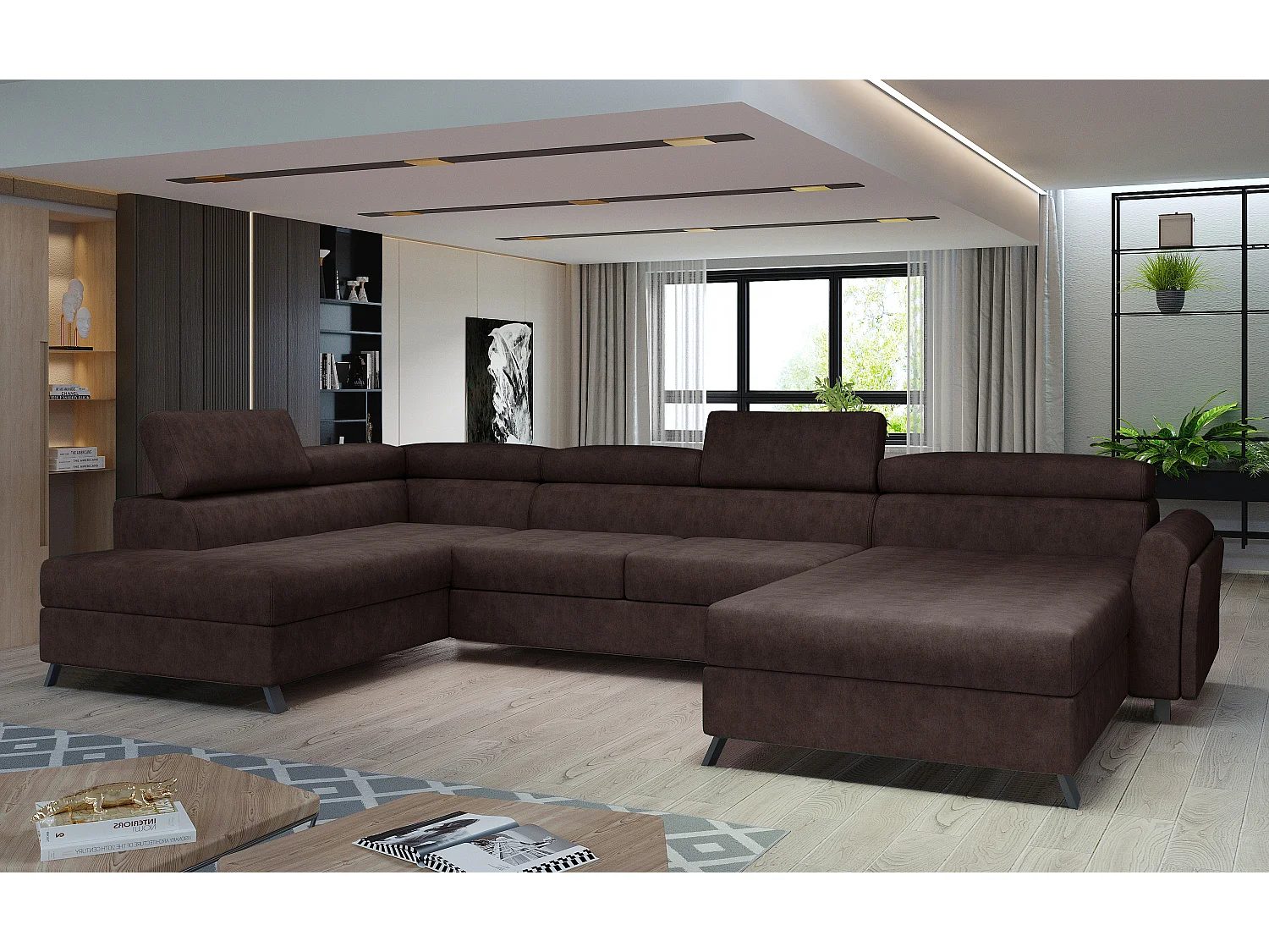 Grand canapé panoramique convertible tissu marron avec coffre Konba 370cm-Coffre de rangement à droite