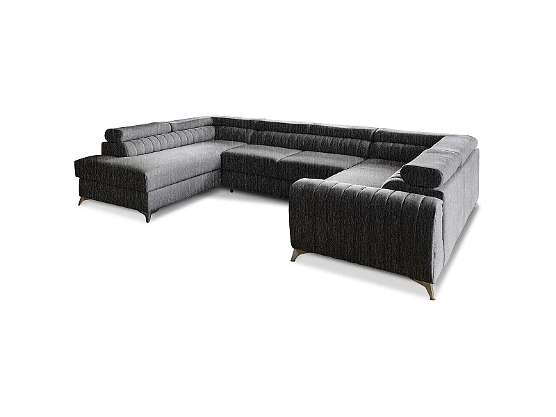 Canapé panoramique convertible LOUVE tissu - Rangement et têtières réglables-Gris vintage-Coffre de rangement à gauche