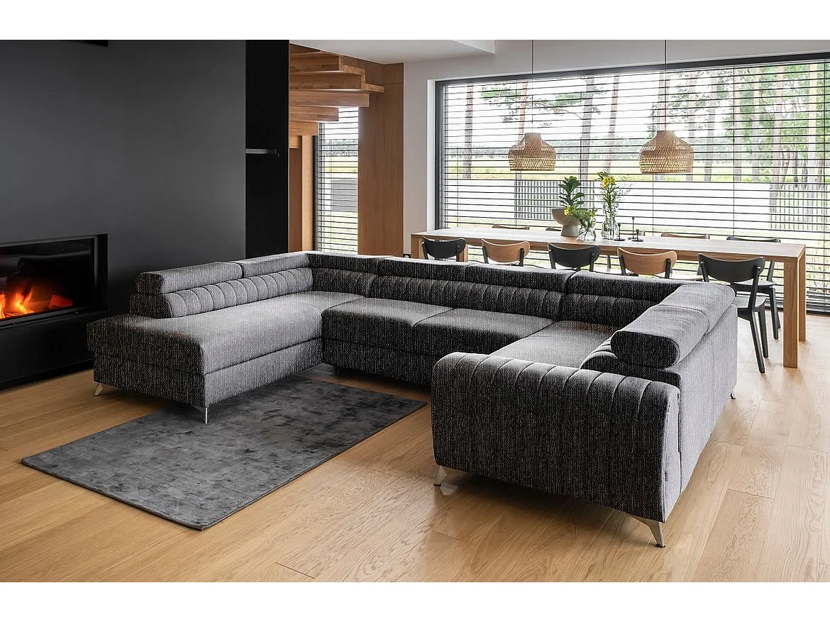 Canapé panoramique convertible LOUVE tissu - Rangement et têtières réglables-Gris vintage-Coffre de rangement à gauche