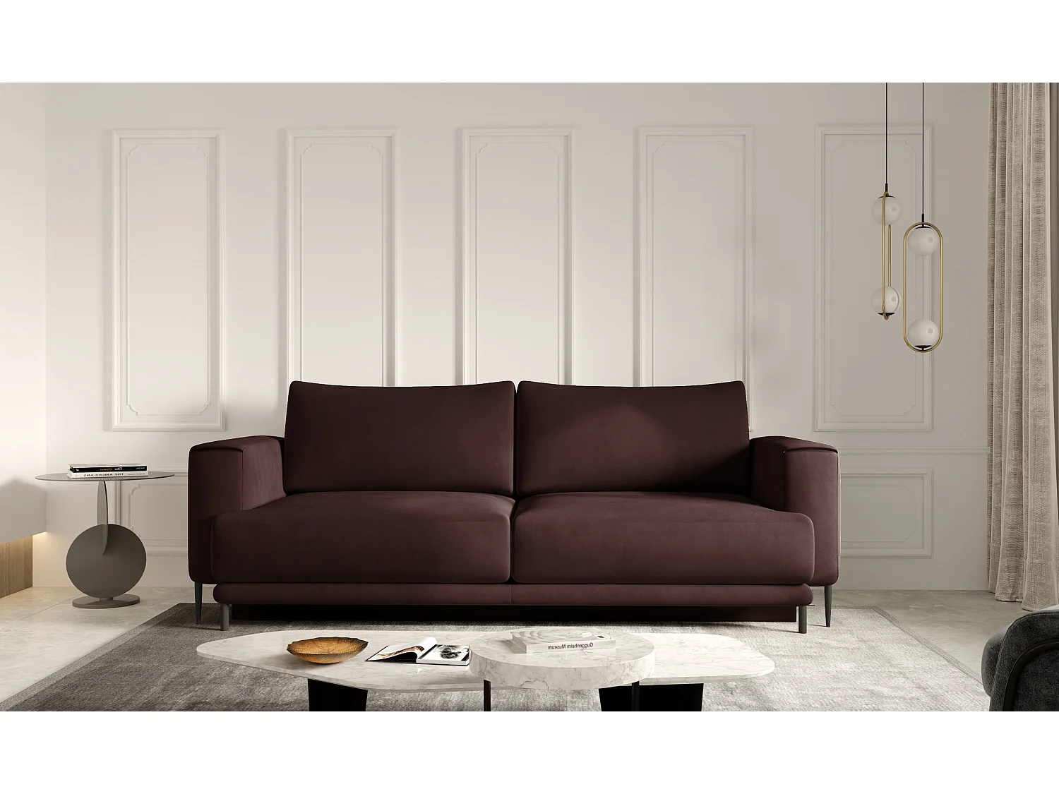 Canapé convertible design 4 places velours marron et pieds métal noir Arkia 260cm