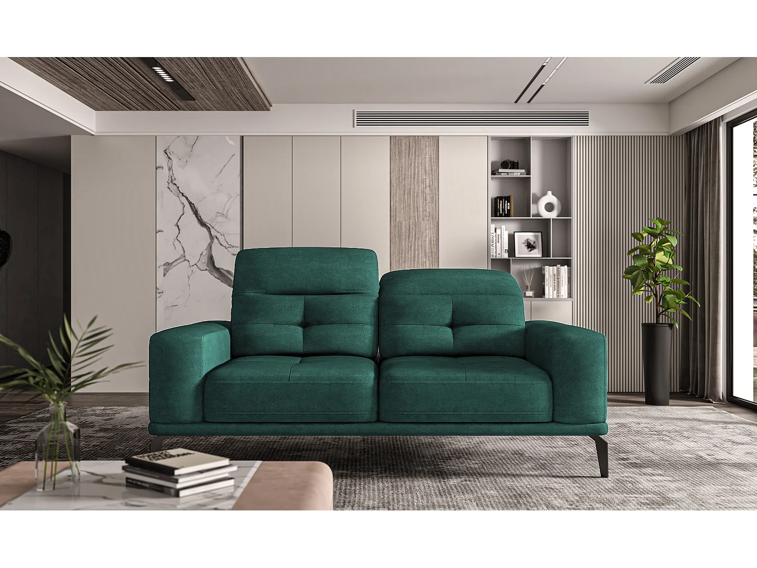 Canapé droit design 2-3 places velours vert Torpille 195cm