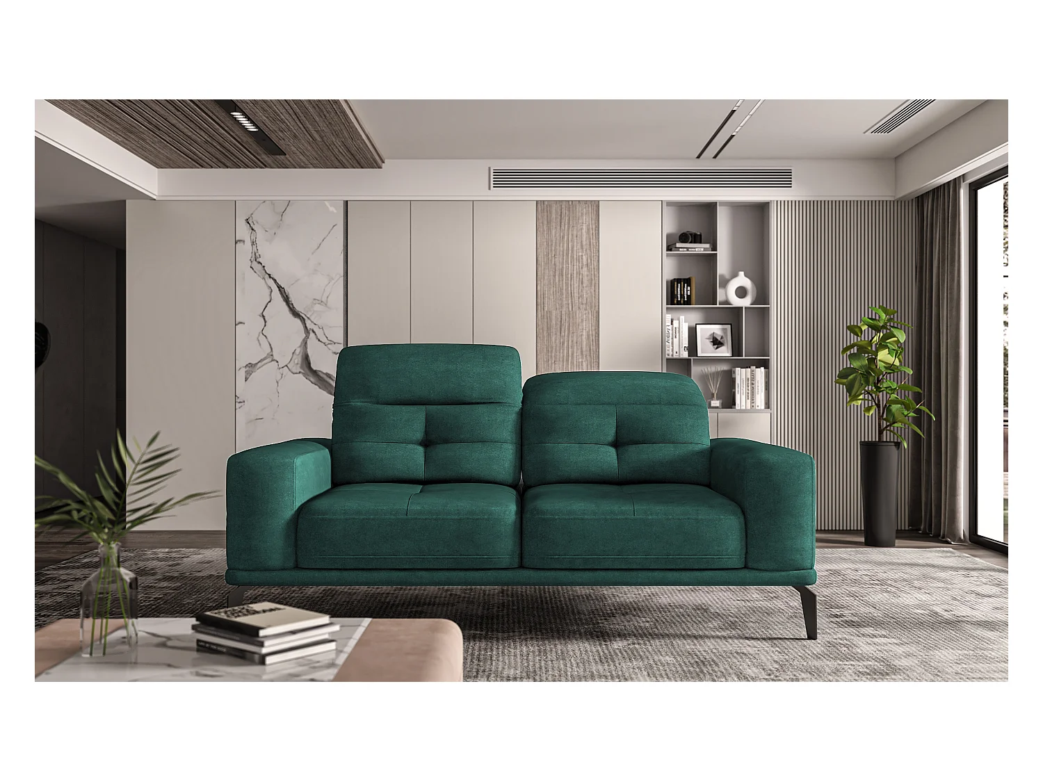 Designer rechte bank 2/3 zits groen fluweel Torpille 195 cm