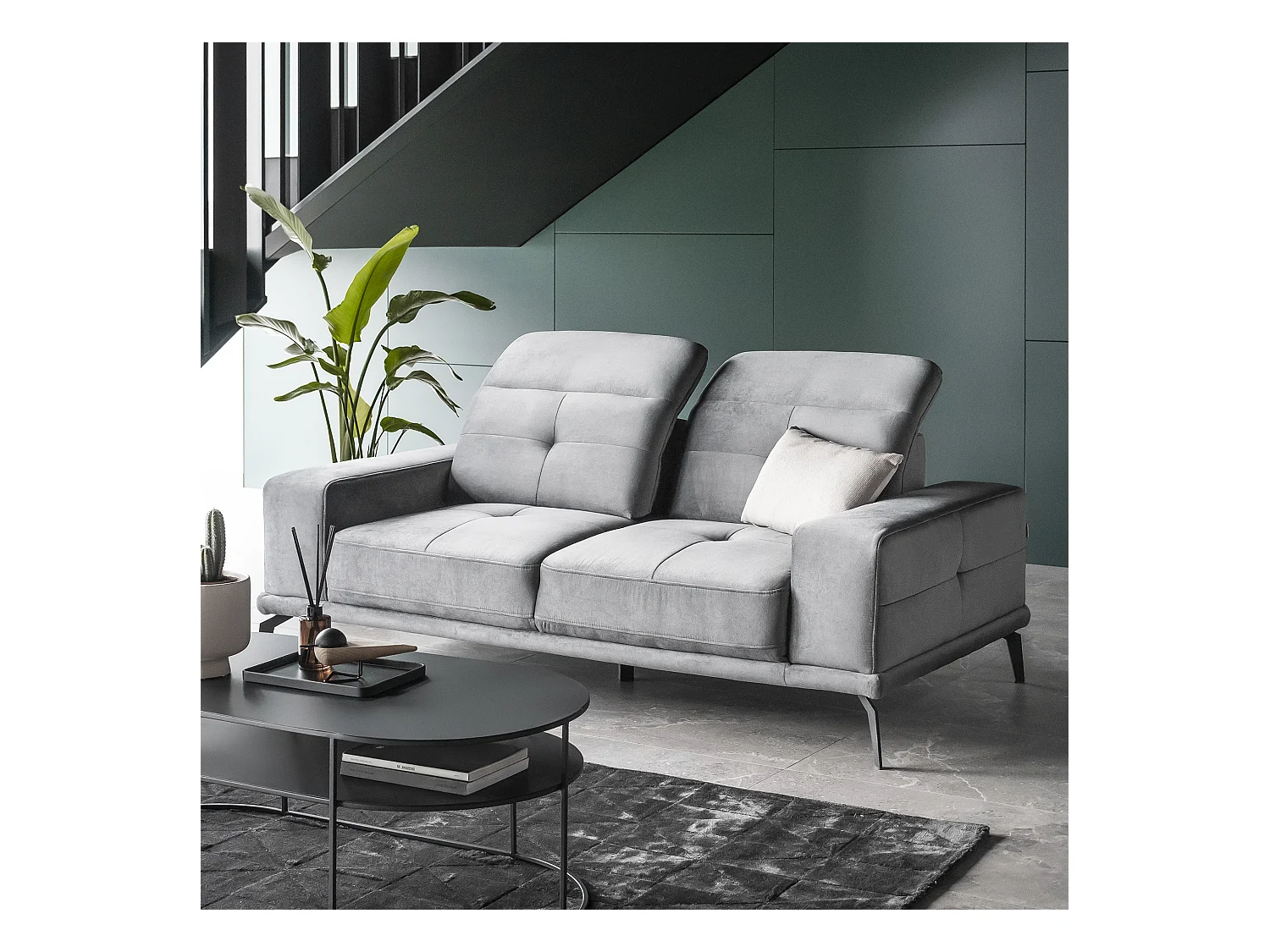 Designer rechte bank 2/3 zits groen fluweel Torpille 195 cm